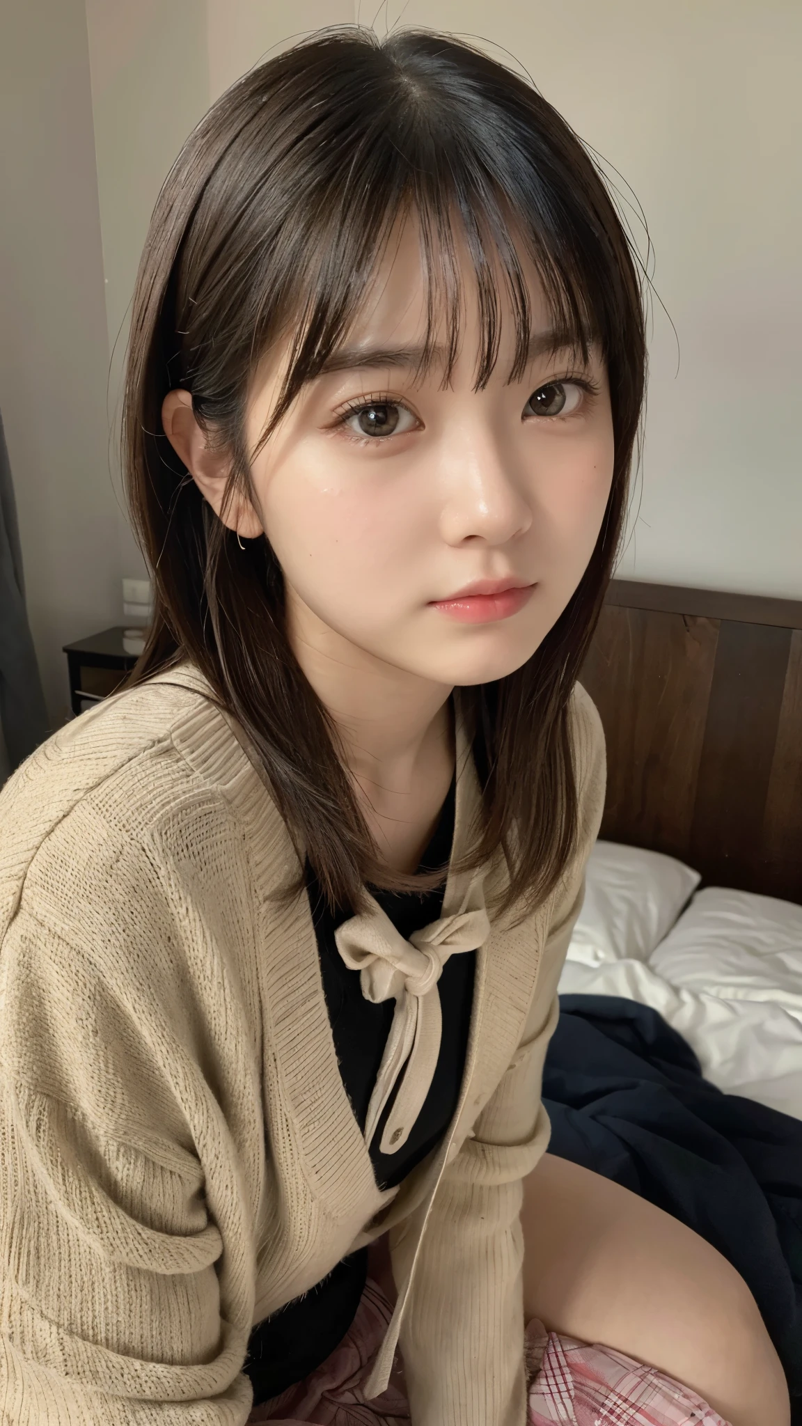 (highest quality,masterpiece:1.3,ultra high resolution),(Super detailed,caustics,8k),(photorealistic:1.4,RAW shooting),(A girl with a sullen expression and puffed out cheeks),Bedroom,sit on the bed,18-year-old,Japanese,cute,black short hair,Moist eyes,upward glance,sweater,big ,face focus,Face close-up,bust up shot,High Position,high angle,Natural light