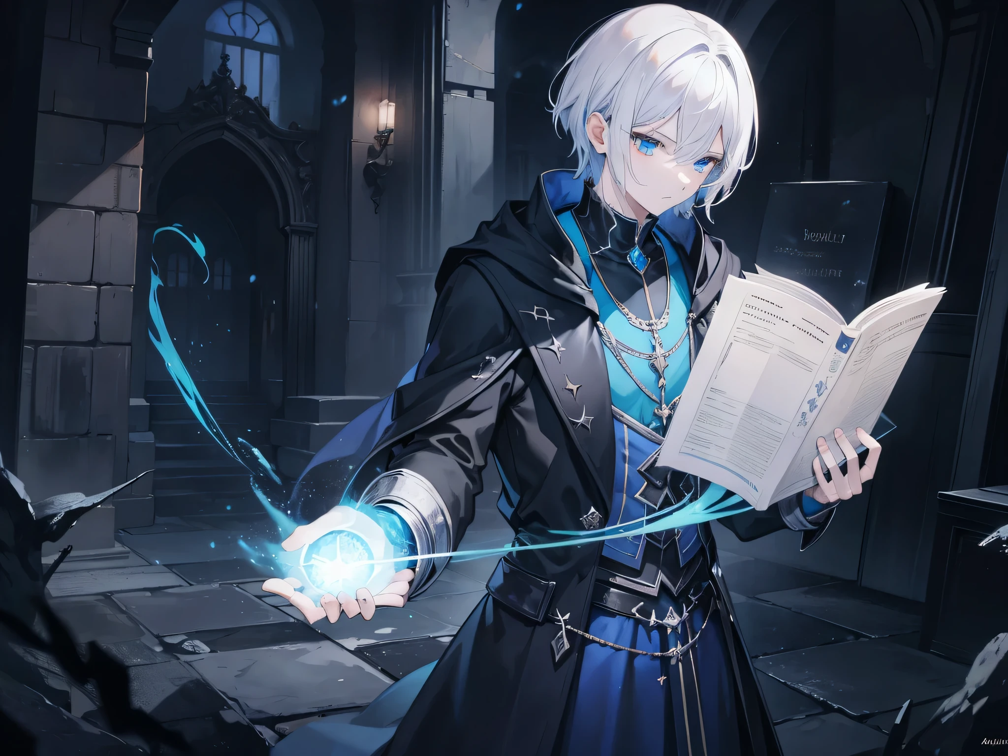 {[{{"Magnificent dark atmosphere, Being in a magical world, 4k artwork of man with gray hair and glowing blue eyes, short hair, Surrounded by spellbooks,Making magic."}]}}