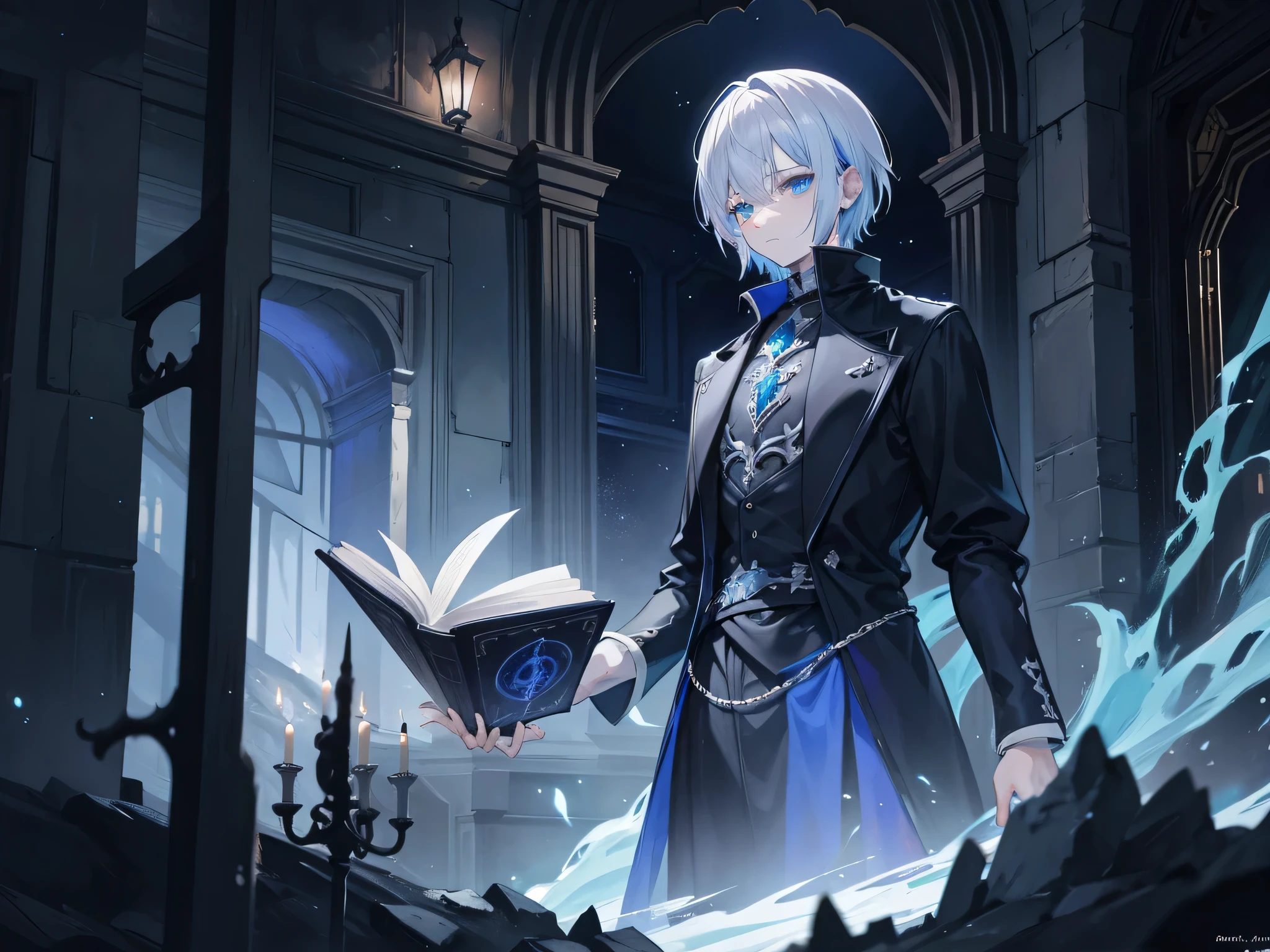 {[{{"Magnificent dark atmosphere, Being in a magical world, 4k artwork of man with gray hair and glowing blue eyes, short hair, Surrounded by spellbooks,Making magic."}]}}