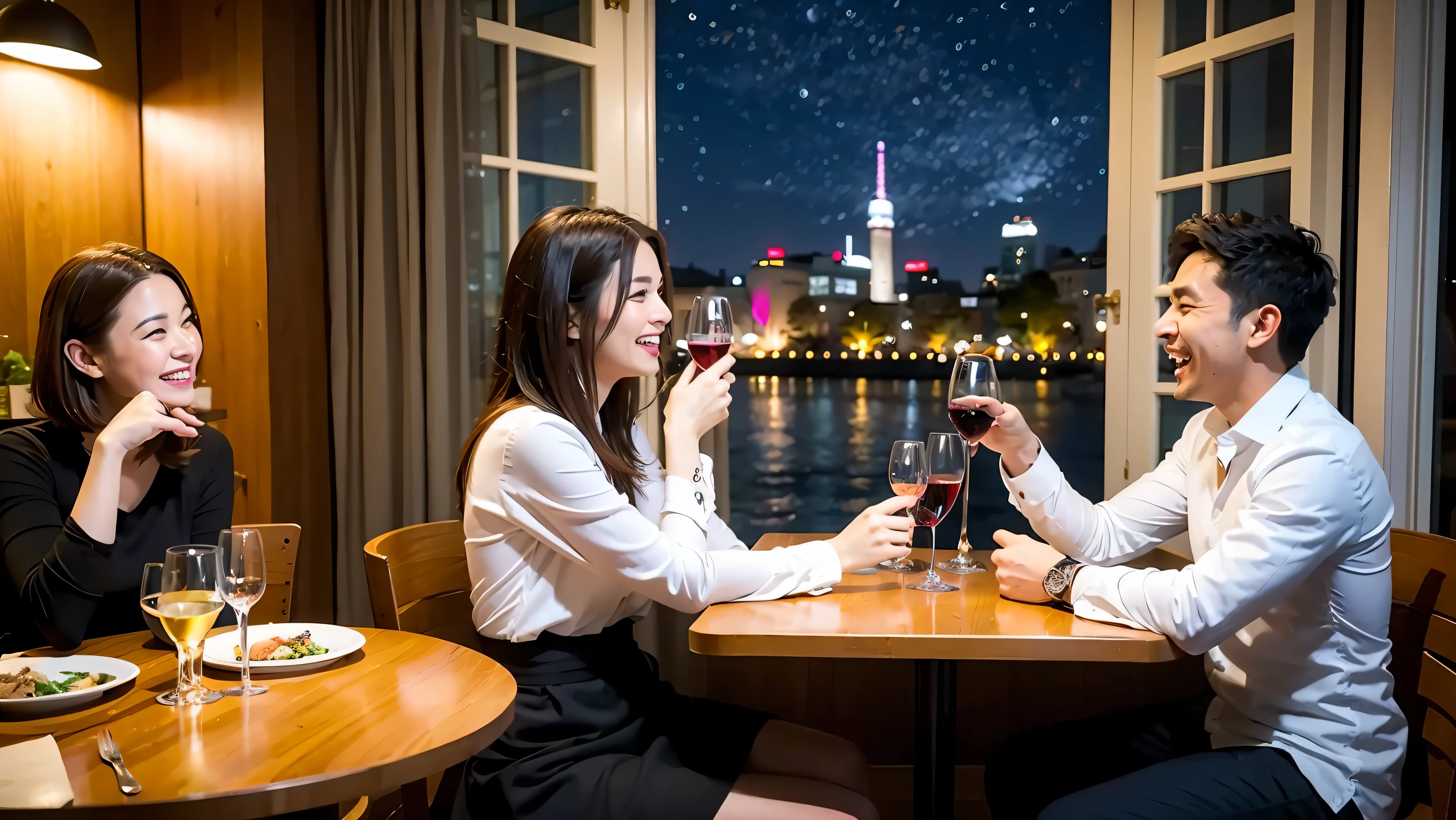 64k, UHD, highest quality, masterpiece: 1.2), (realistic, photorealistic: 1.37), Super detailed, celebration party、3 women who love wine、three men、champagne、Sparkling wine、winter night、restaurantでワイン宴会、(slimな男女4名),(Wine party for 5 people)、(slimフェイス),Happy、 最高なsmile、Fox Face、Berry Short、(because I'thin), (brown hair), (shortcut), long sleeve shirt、winter fashion、Japanese、Dutch、German、Portuguese、Belgian、Italian、french, (gush), (slimボティ), (brown hair), (shortcut), Neat beauty、cheeks blush a little, (34 years old), 38 years old, alone, A beautiful and detailed night view spreads out outside the window..., restaurant, wine glassが座っている, At night, in a prominent place (from the Upper body) nova frog style, actress, model, Upper body, White wine, slim, wine glass, very beautiful night view, wine glass Put in the Middle, Happy smile, (smile: 1.15),