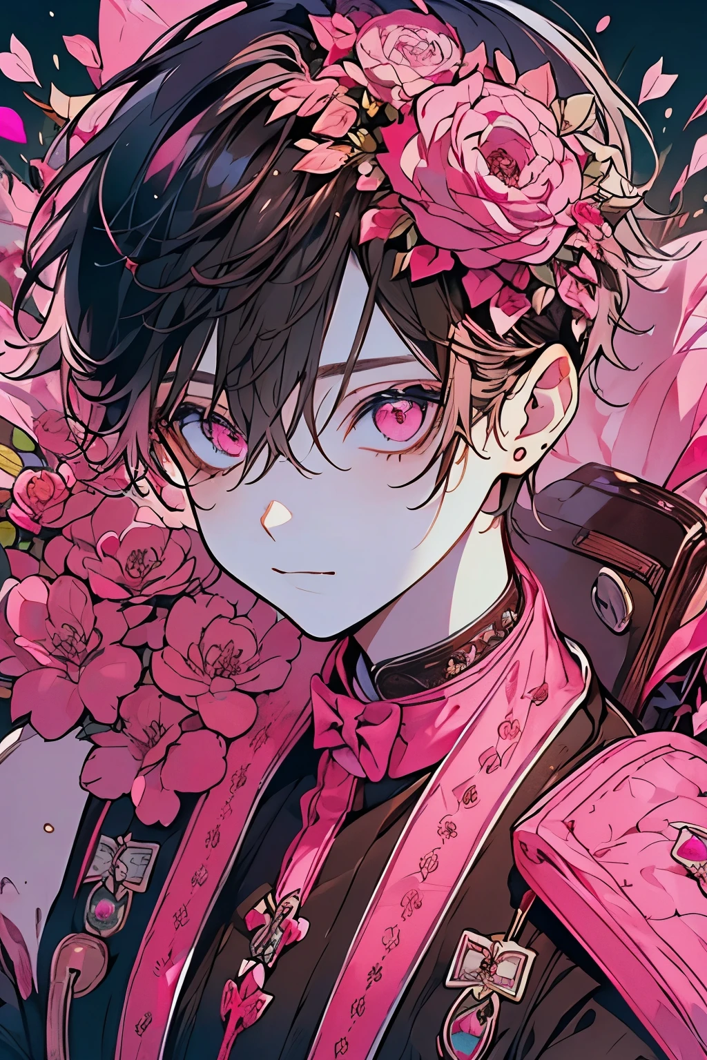 (muste piece), (best quality), very detailed, ((1 boy)), solo focus，perfect face, beautiful face, very detailed顔，(brown haired boy:1.3)，(pink eyes:1.3)，flower，Lots of chocolate，Valentine，ribbon，Light，smile，long eyelashes