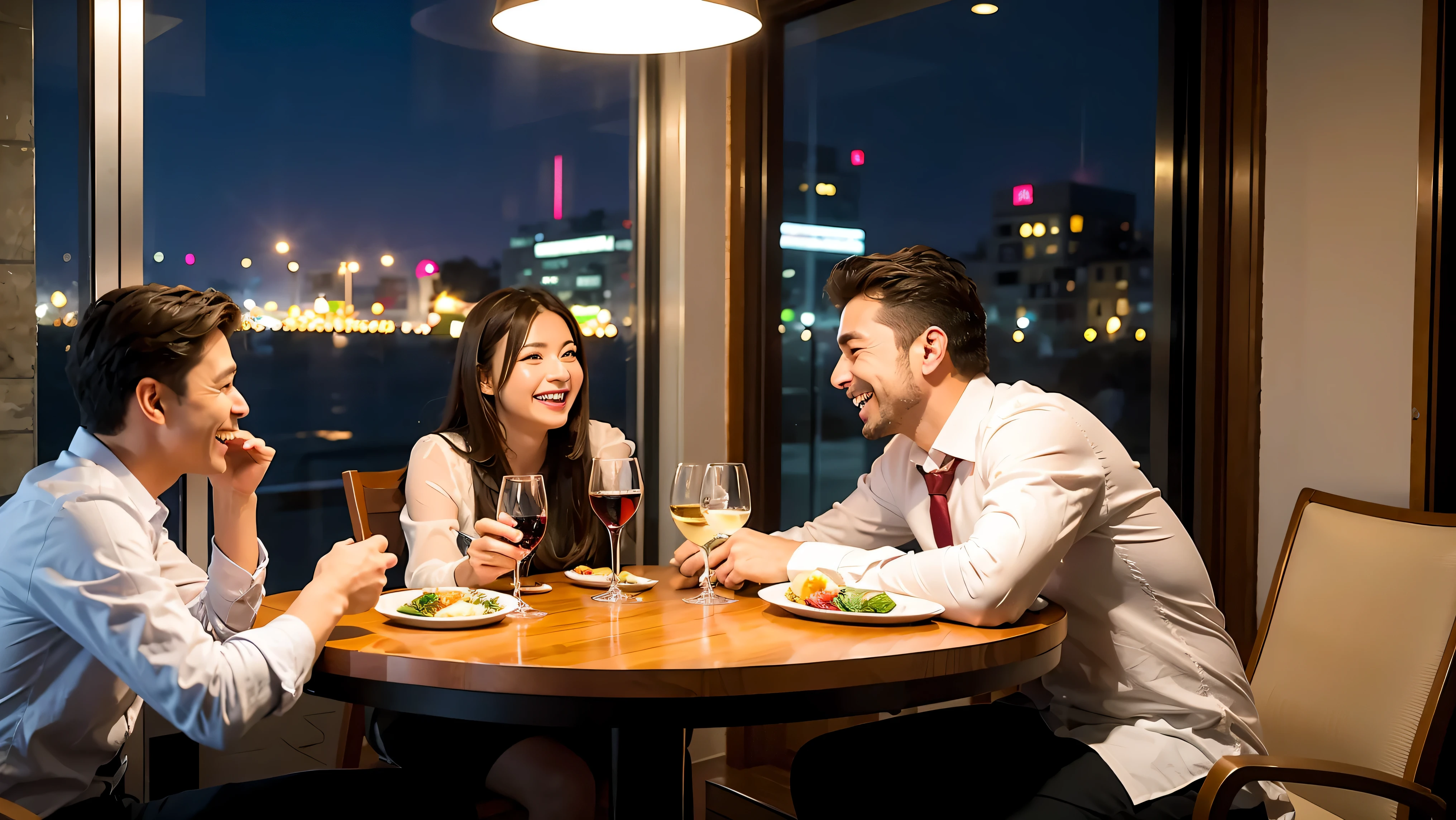 64k, UHD, highest quality, masterpiece: 1.2), (realistic, photorealistic: 1.37), Super detailed, celebration party、3 women who love wine、three men、champagne、Sparkling wine、winter night、restaurantでワイン宴会、(slimな男女4名),(Wine party for 5 people)、(slimフェイス),Happy、 最高なsmile、Fox Face、Berry Short、(because I'thin), (brown hair), (shortcut), long sleeve shirt、winter fashion、Japanese、Dutch、German、Portuguese、Belgian、Italian、french, (gush), (slimボティ), (brown hair), (shortcut), Neat beauty、cheeks blush a little, (34 years old), 38 years old, alone, A beautiful and detailed night view spreads out outside the window..., restaurant, wine glassが座っている, At night, in a prominent place (from the Upper body) nova frog style, actress, model, Upper body, White wine, slim, wine glass, very beautiful night view, wine glass Put in the Middle, Happy smile, (smile: 1.15),