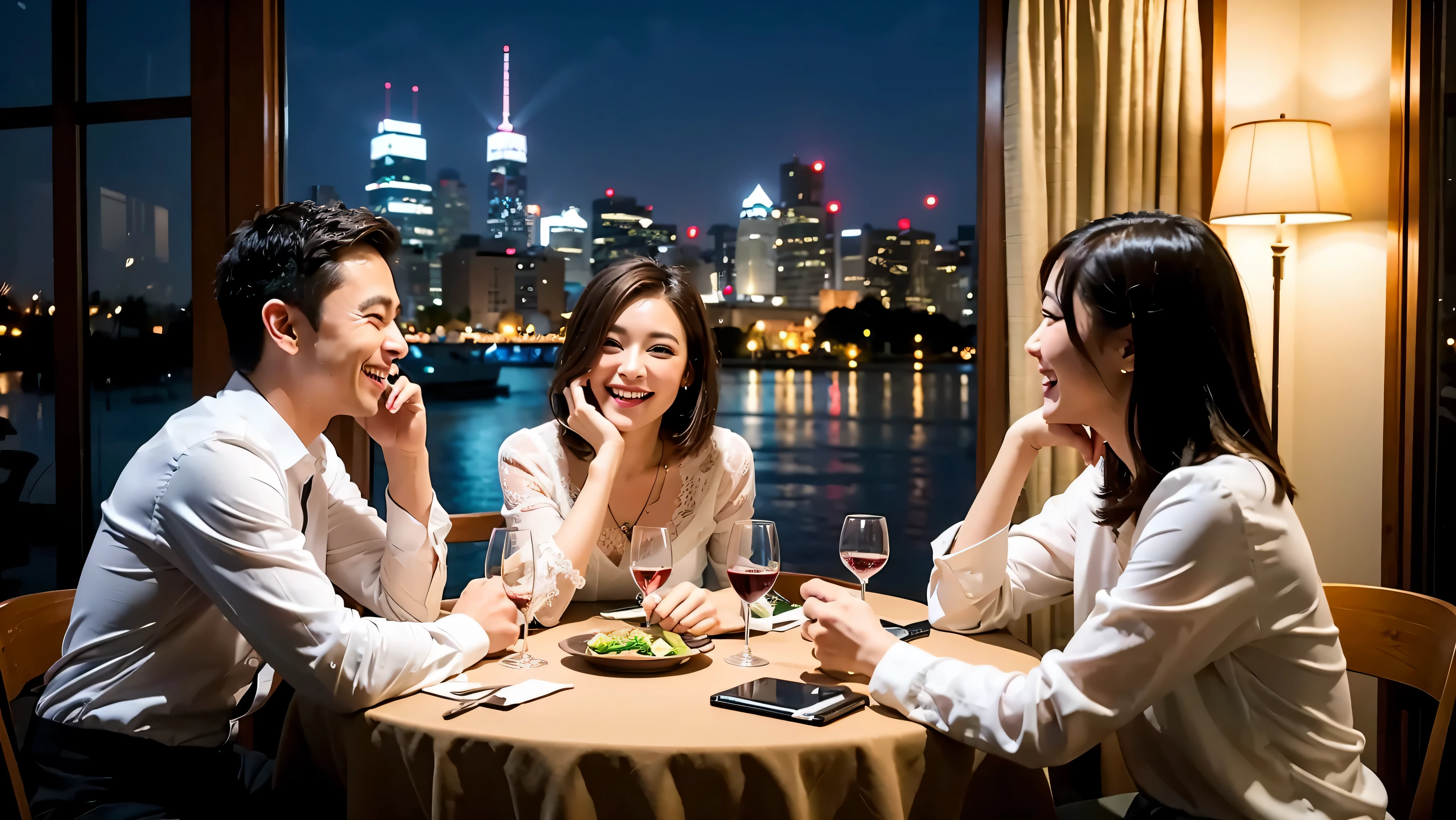 64k, UHD, highest quality, masterpiece: 1.2), (realistic, photorealistic: 1.37), Super detailed, celebration party、3 women who love wine、three men、champagne、Sparkling wine、winter night、restaurantでワイン宴会、(slimな男女4名),(Wine party for 5 people)、(slimフェイス),Happy、 最高なsmile、Fox Face、Berry Short、(because I&#39;thin), (brown hair), (shortcut), long sleeve shirt、winter fashion、Japanese、Dutch、German、Portuguese、Belgian、Italian、french, (gush), (slimボティ), (brown hair), (shortcut), Neat beauty、cheeks blush a little, (34 years old), 38 years old, alone, A beautiful and detailed night view spreads out outside the window..., restaurant, wine glassが座っている, At night, in a prominent place (from the Upper body) nova frog style, actress, model, Upper body, White wine, slim, wine glass, very beautiful night view, wine glass Put in the Middle, Happy smile, (smile: 1.15), 