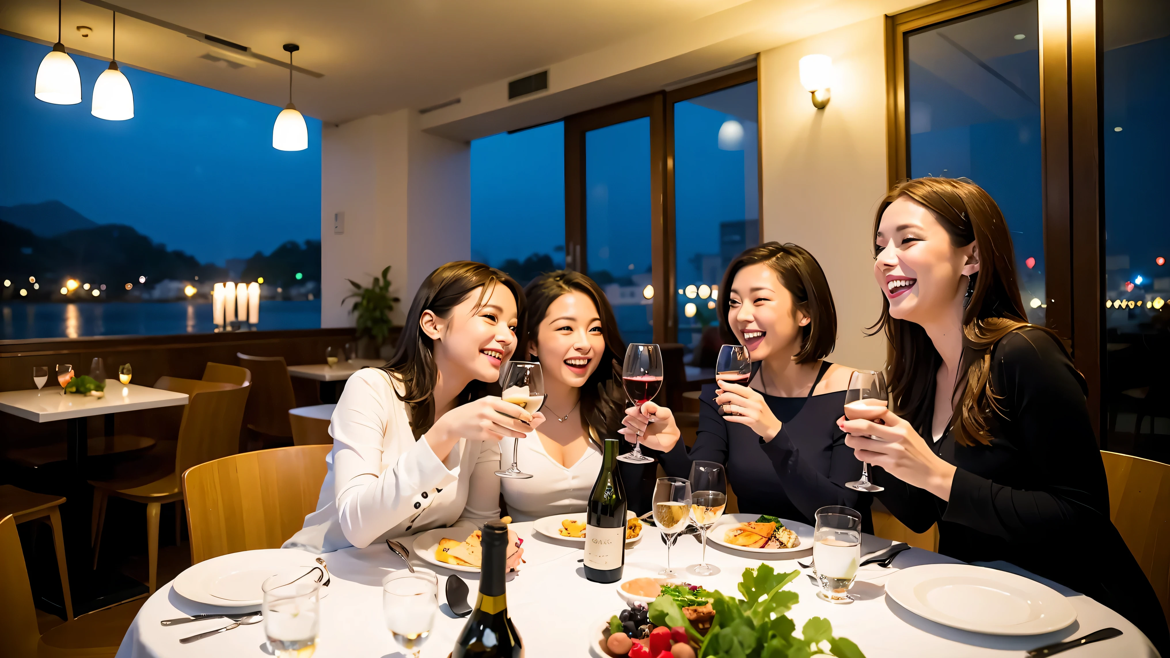 64k, UHD, highest quality, masterpiece: 1.2), (realistic, photorealistic: 1.37), Super detailed, celebration party、3 women who love wine、three men、champagne、Sparkling wine、winter night、restaurantでワイン宴会、(slimな男女4名),(Wine party for 5 people)、(slimフェイス),Happy、 最高なsmile、Fox Face、Berry Short、(because I&#39;thin), (brown hair), (shortcut), long sleeve shirt、winter fashion、Japanese、Dutch、German、Portuguese、Belgian、Italian、french, (gush), (slimボティ), (brown hair), (shortcut), Neat beauty、cheeks blush a little, (34 years old), 38 years old, alone, A beautiful and detailed night view spreads out outside the window..., restaurant, wine glassが座っている, At night, in a prominent place (from the Upper body) nova frog style, actress, model, Upper body, White wine, slim, wine glass, very beautiful night view, wine glass Put in the Middle, Happy smile, (smile: 1.15), 