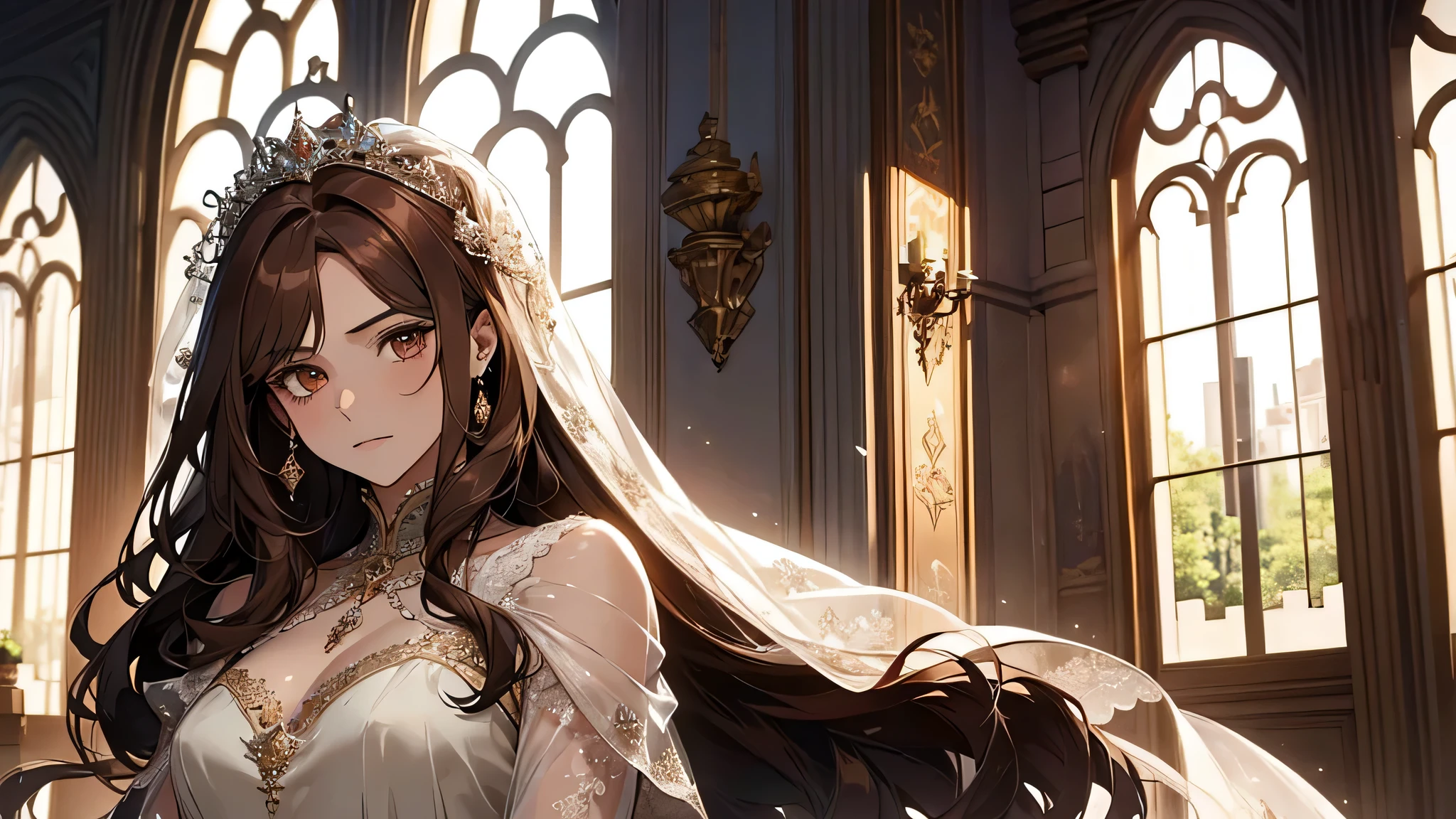 beautiful girl, highly detailed face, thick brown hair, brown eyes, noble lady, transparent gown, silk gown, thinking, looking at window, daydreaming, not to mention producing a successor, getting married also isn’t allowed.Even if it’s nine years, she still twenty-five. Well certainly, marriage at twenty-five is by no means early.  