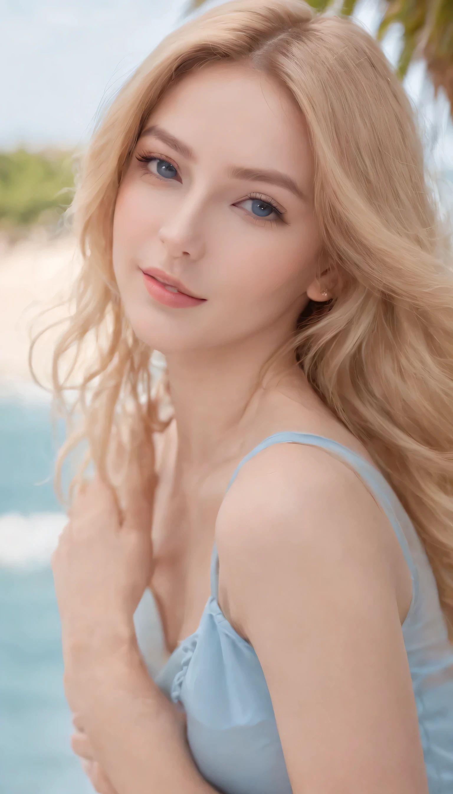 Shiny transparent white glossy skin, Wind hair gets in the way of a pretty face, 25 years old, cute sexy little handsome face, pink lips,( hair parted to one side:1.5), talllight, light blue eyes, Sexy face, sexy cute young lady,long natural blonde shiny hair, The sea shining in the morning sun,choker, ( silky blue sexy tops:1.3), (silky blue Tight skirt :1.3), Tropical islands, Palm trees, Blonde Glossy Light Hair, natural wave hair,, (Intricate details: 1.2), almond eyes, (Detailed eyes), (A detailed face), beautiful Smile, flushed cheeks, Medium chest, slender body shape, tight waist, small ass, thin and long legs, the visible part of someone's thighs between their skirt, beautiful hands, thin shoulders, Look at viewers,Wind blowing skirts, dynamicposes