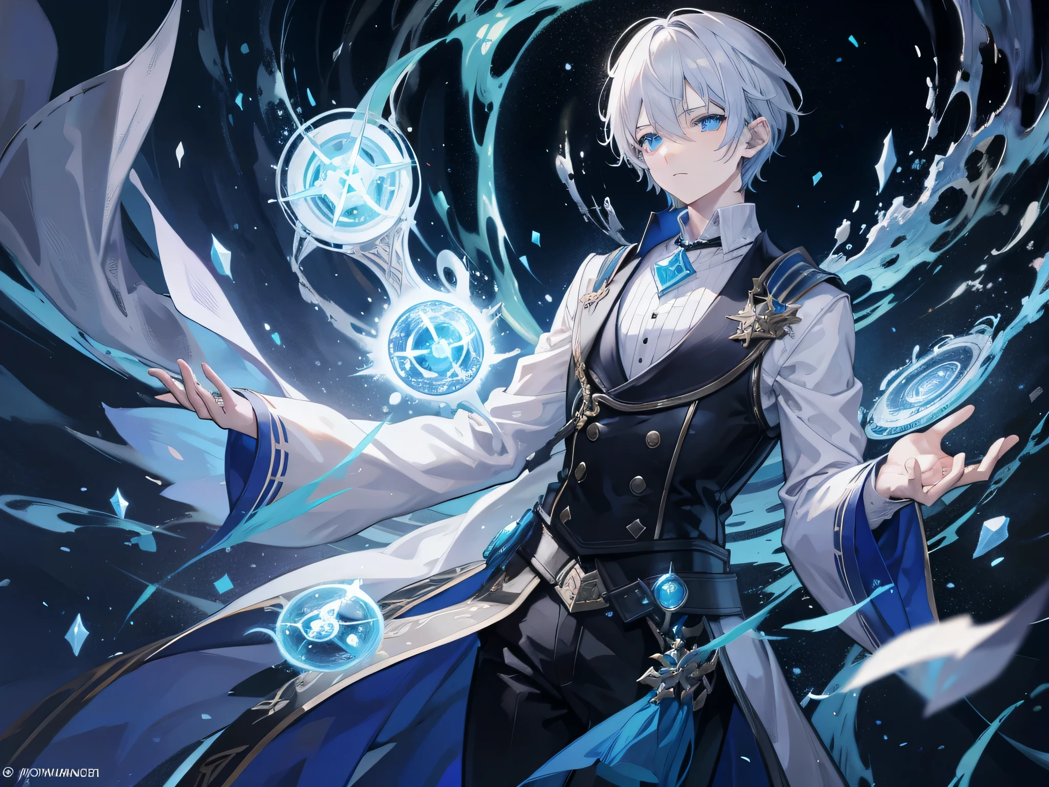 {[{{"Being in a magical world, 4k artwork of man with gray hair and glowing blue eyes, short hair, Surrounded by spellbooks,Making magic."}]}}