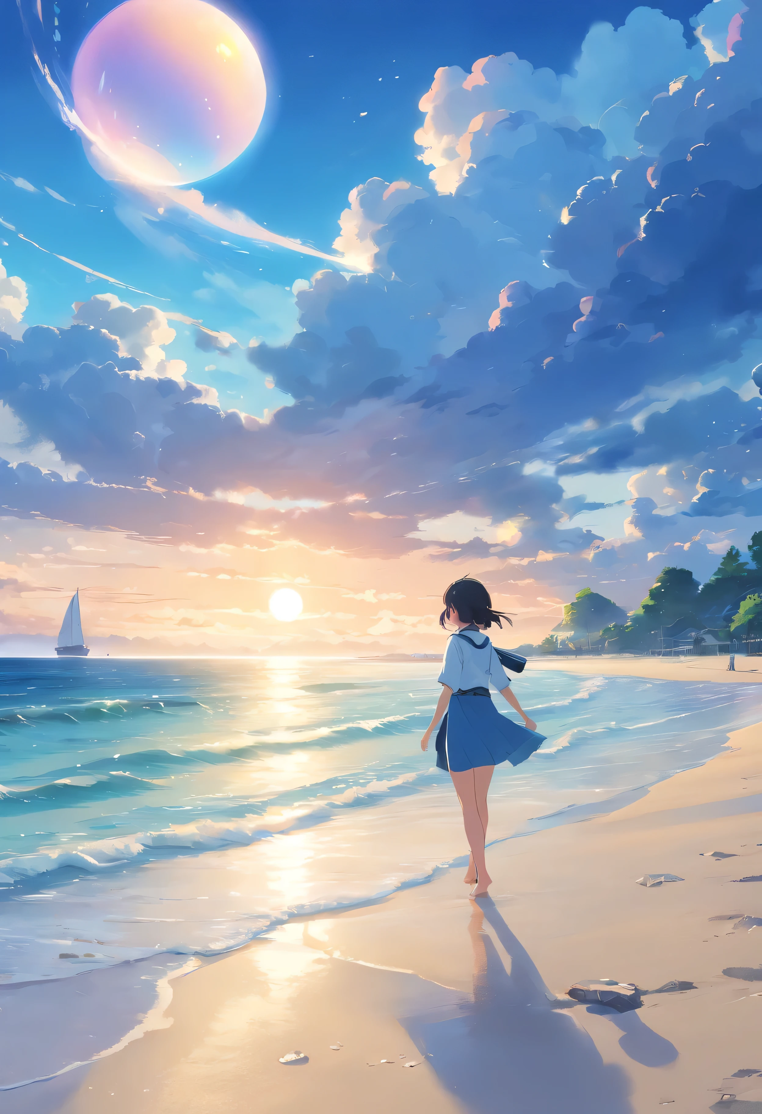 ((Masterpiece,Best quality)),，Bubble，Fluorescence, beach scene, clean backdrop，National tide wind，​​clouds，wave，Eau，wave，Water Technique，florals，An oriental beach composed of water，Cyan and white，Works of masters，HighestQuality，high detail，8K, scenery