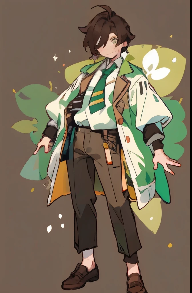 1boy, virtual youtuber, male focus, solo, green jacket, jacket, brown footwear, necktie, brown vest, green eyes, pants, full body, brown hair, yellow necktie, shirt, white background, hair over one eye, vest, smile, looking at viewer, shoes, sleeves rolled up, mole, collared shirt, standing, simple background, black pants, white shirt, closed mouth, bangs, striped, one eye covered, brown pants