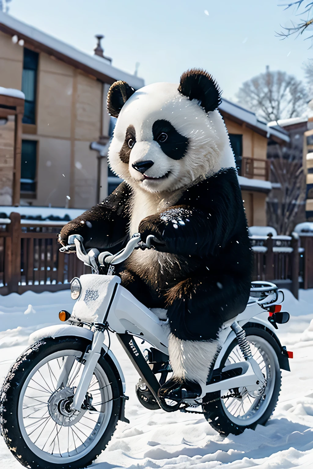Panda riding a bicycle in the snow