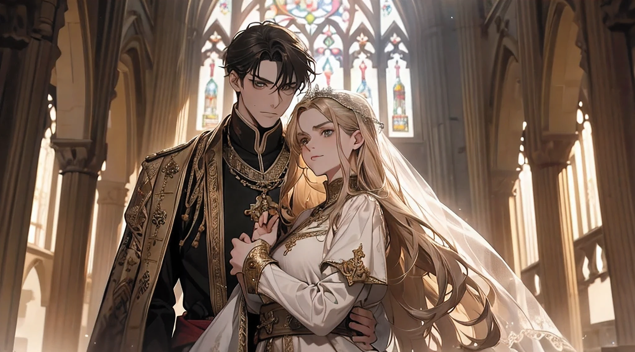 Kingsbridge, England. otherworldly scene outside a medieval church, ((((23-year-old)) Alexandra Daddario)), with (((Levi Miller))), wedding, ((unhappy serious expression)), ((((tunic and gown from the 12th century))))((hairstyle of the 12th century)), ((Wes Anderson cinematic style)), colorful, Even for nobles’ children, they were generally engaged at the age of ten, and marriages were normal by twenty years old. Honestly, twenty-five years old was quite late for a noble’s marriageable age