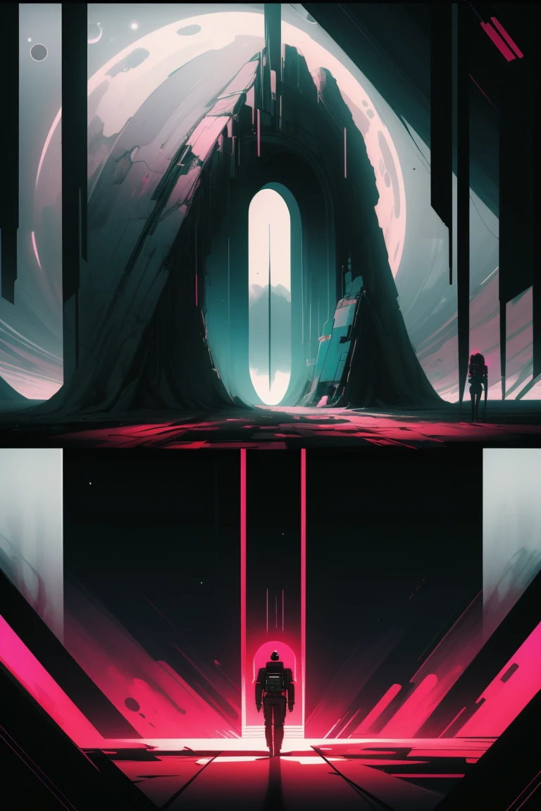nvdreampunk, (abstract surrealism:1.2),Forgotten Gateway of Time and Space, mixed media, abstract geometry,