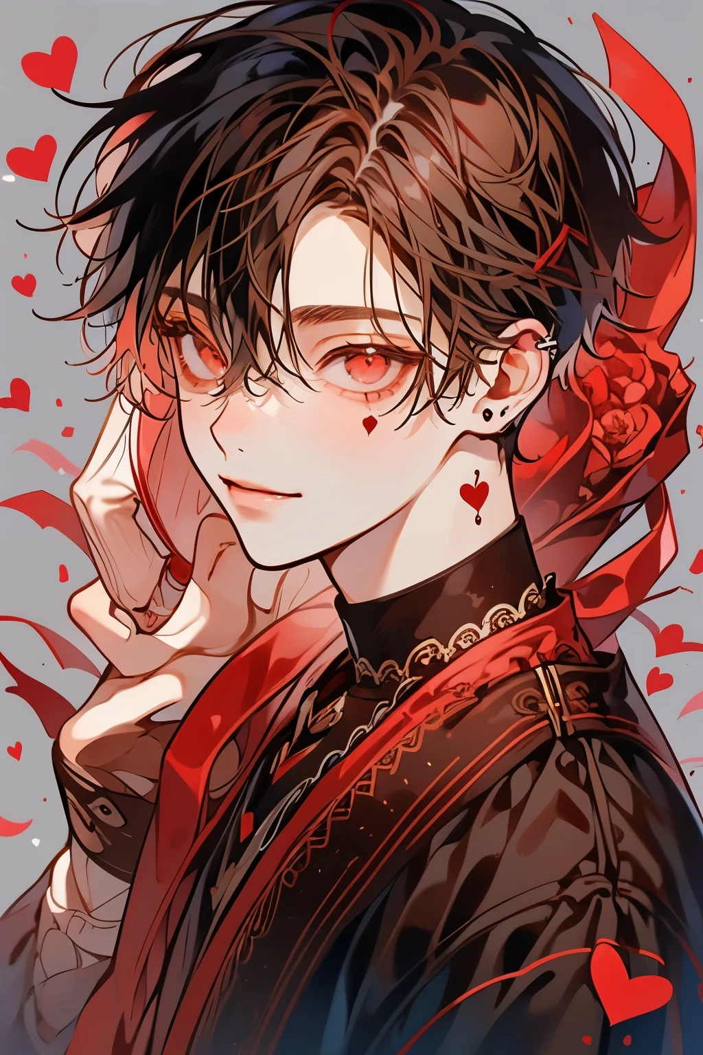 (muste piece), (best quality), very detailed, ((1 boy)), solo focus,perfect face, beautiful face, very detailed顔,(brown haired boy:1.3),(red eyes:1.3),chocolate,Valentine,ribbon,heart,Light,smile,long eyelashes