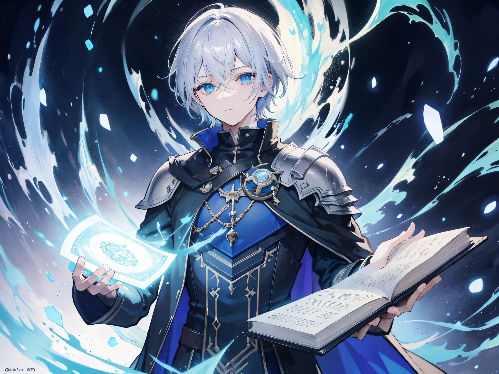 {[{{"Being in a magical world, 4k artwork of man with gray hair and glowing blue eyes, 40 generations, short hair, Surrounded by spellbooks,Making magic."}]}}