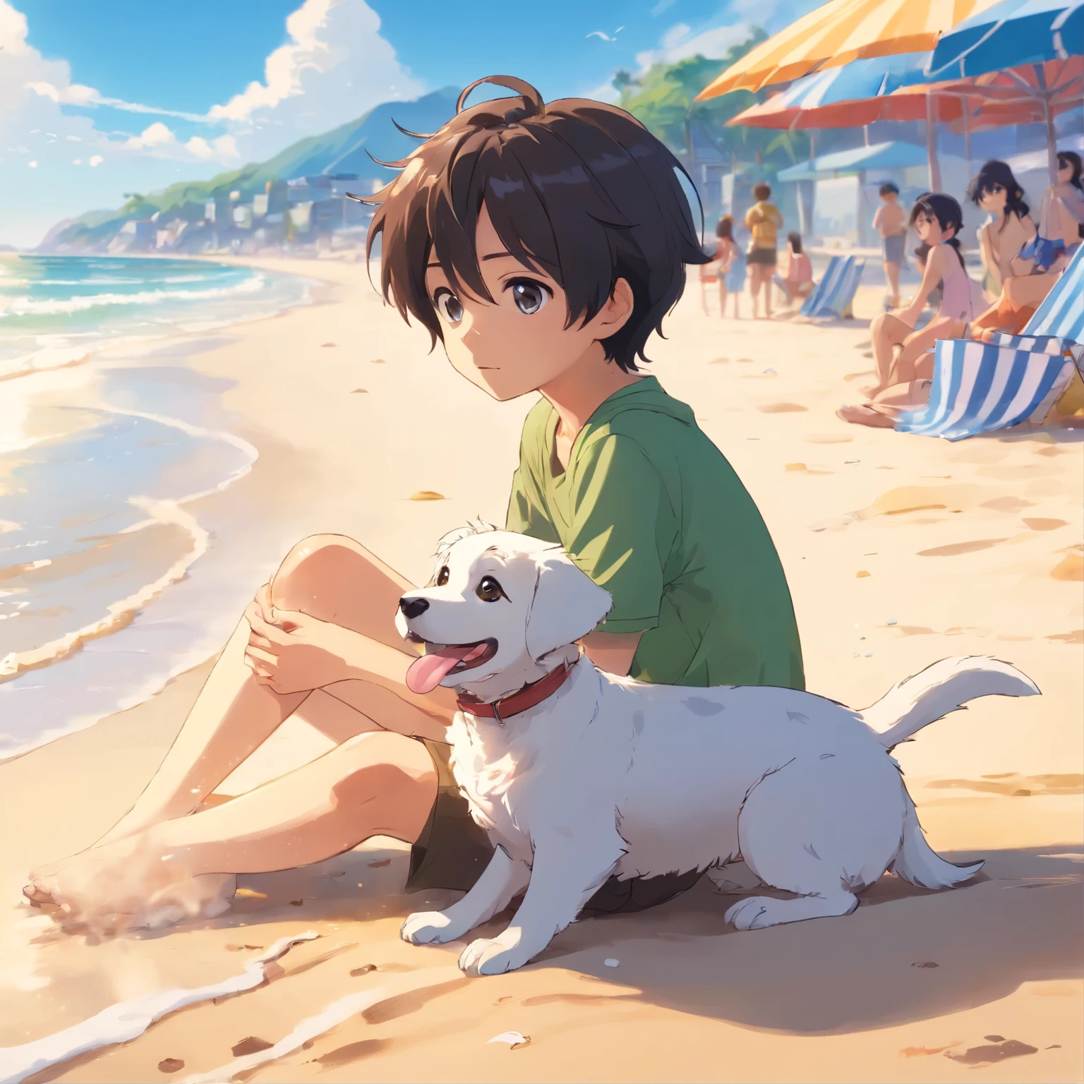 An 8--old k-haired boy plays with a white puppy at the beach, sunny，high quality, clear focus (messy house: 0.8), (masterpiece: 1.2) (realistically: 1.2) (Bokeh) (best quality) (detailed skin: 1.3) (intricate details) (8k) (Eyes detailed) (sharp focus), (having fun) (various postures) design， Perfect details