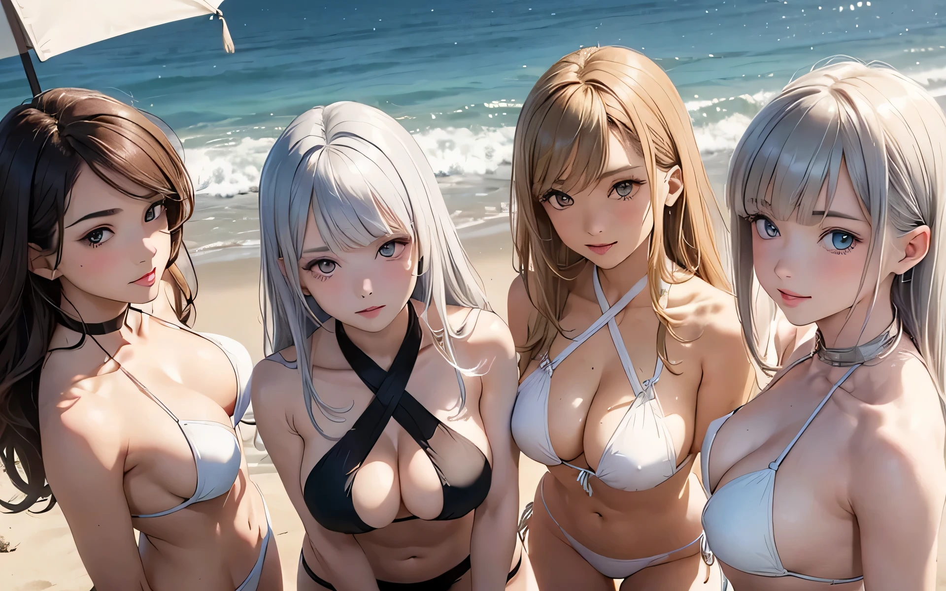 (masterpiece:1.3), high resolution, ultra detailed, extremely detailed CG unity 8k wallpaper, realistic, photo-realistic, RAW photo, beautiful detailed face, pale skin, realistic glistening skin, detailed cloth texture, detailed hair texture, Perfect body, Beautiful Face, accurate, Anatomically correct, Highly detailed face and skin texture, natural neck length, (beautiful hands), (fair skin:1.2), Thin legs, Thin feet, BREAK, Detailed eyes, symmetric eyes, Light Brown eyes, Double eyelids, Thin eyebrows, (Glossy lips:1.4), (gently smile:1.2), BREAK, (nsfw:1.1), (Classy and Cute girl), ((Three girls:1.3)), ((Left girl is wearing a White cross halter bikini, Middle girl is wearing a Blue cross halter bikini, Right girl is wearing a Red cross halter bikini:1.3)), ((showing under boob:1.3)), ((Three people are wearing cross halter bikini of different colors each:1.3)), close the button, long skirt, (medium large breasts, Cleavage, slender figure, firm abs, firm breasts:1.2), ((Blonde hair, Brown hair, Silver hair):1.2), wavy hair, long hair, ((asymmetrical bangs:1.2)), BREAK, ((Three girls are Sexy posing with leaning forward from below:1.3)), ((looking up with a gaze:1.2)), ((In the beach of beautiful clear sea at evening:1.2)), (Upper body shot:1.2),