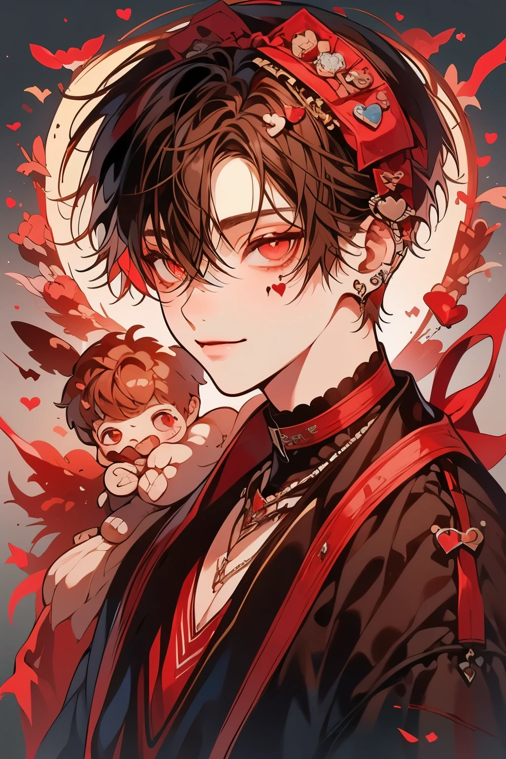 (muste piece), (best quality), very detailed, ((1 boy)), solo focus,perfect face, beautiful face, very detailed顔,(brown haired boy:1.3),(red eyes:1.3),chocolate,Valentine,ribbon,heart,Light,smile,long eyelashes