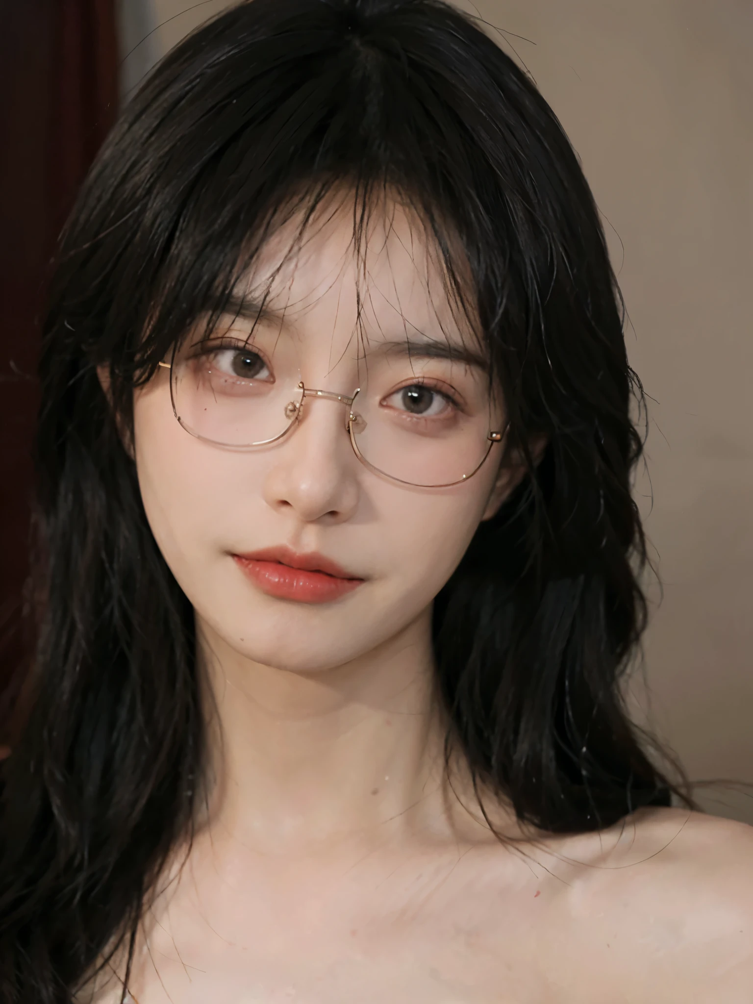 Film portrait photography, 1 girl, bare shoulders,lipstick,(flat chest:1.4), Shoulder length wavy hair, wear glasses,serene, calm, (Realistic and detailed eyes, natural skin texture, Realistic facial details), Soft dramatic lighting, depth of field, Bokeh, Vibrant details, detailed meticulous, hyper-realistic, 35mm film, hazy, ,
