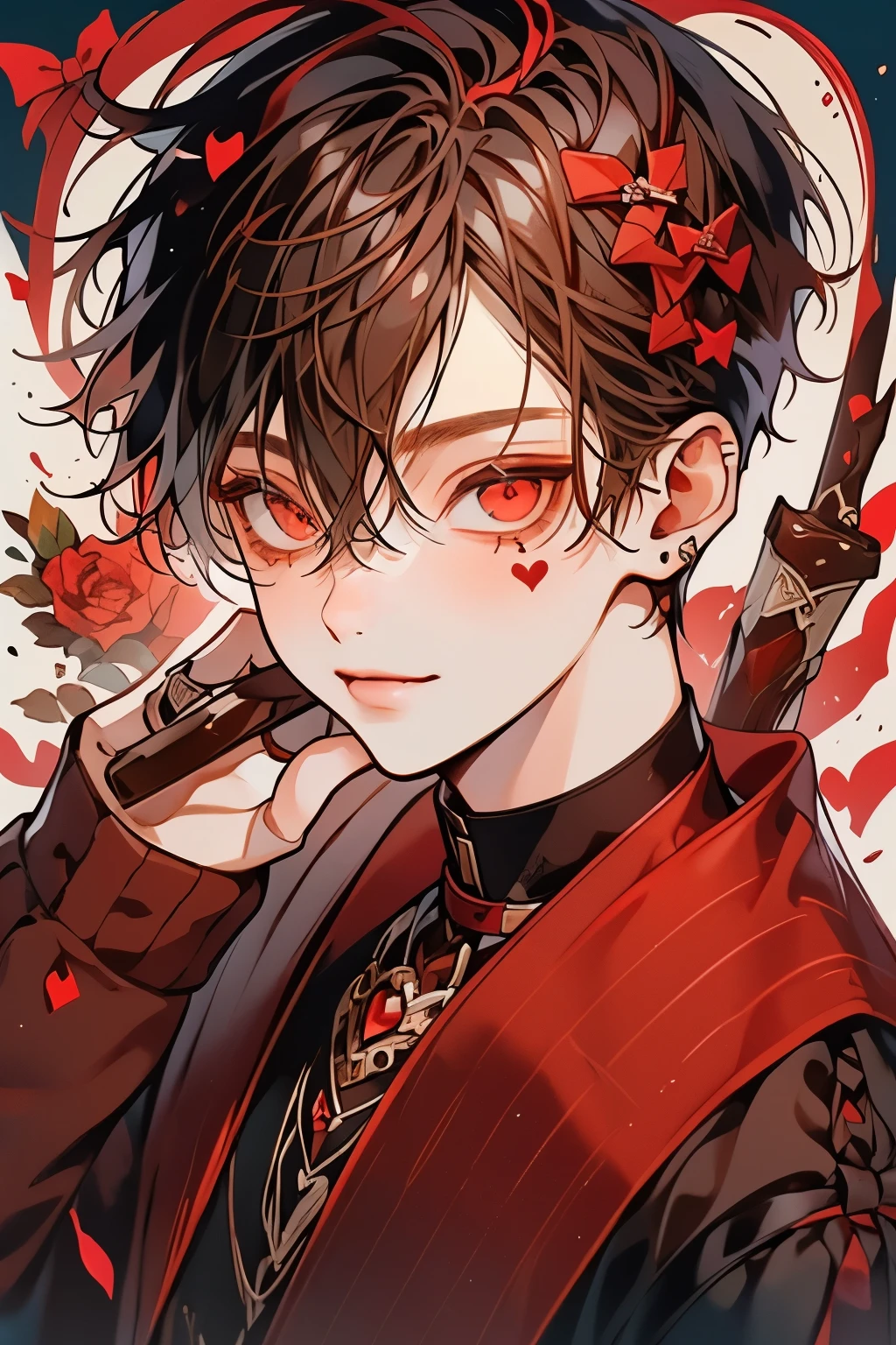 (muste piece), (best quality), very detailed, ((1 boy)), solo focus,perfect face, beautiful face, very detailed顔,(brown haired boy:1.3),(red eyes:1.3),chocolate,Valentine,ribbon,heart,Light,smile,long eyelashes,頬にheartマーク