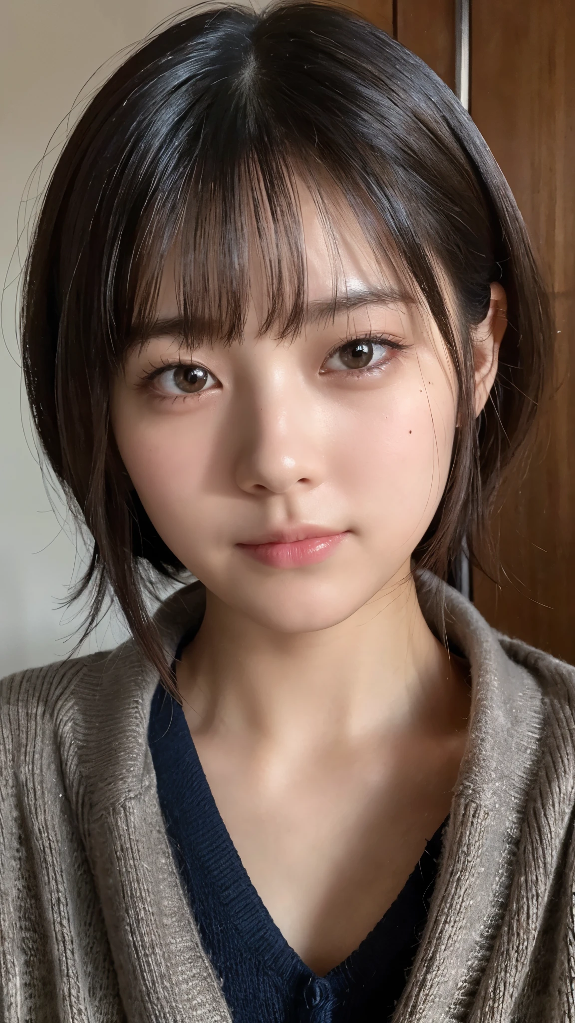 (highest quality,masterpiece:1.3,ultra high resolution),(Super detailed,caustics,8k),(photorealistic:1.4,RAW shooting),(A girl with a sullen expression and puffed out cheeks),Bedroom,sit on the bed,face forward,18-year-old,Japanese,cute,black short hair,Moist eyes,A sparkling teardrop,upward glance,stare at the camera,sweater,big ,face focus,Face close-up,bust up shot,(High Position),(high angle),Natural light