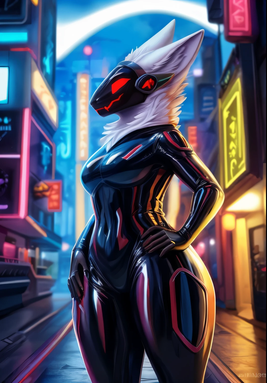 tanraak (style), ((masterpiece)), ((8k quality)), (no watermark), protogen, boxy headshape, (red eyes), (white fur), female, mouth closed, detailed cyber bar, (bladerunner futuristic), standing, one hand on her hip, other hand at her side, (solo:1.4), sleek, shiny latex suit,