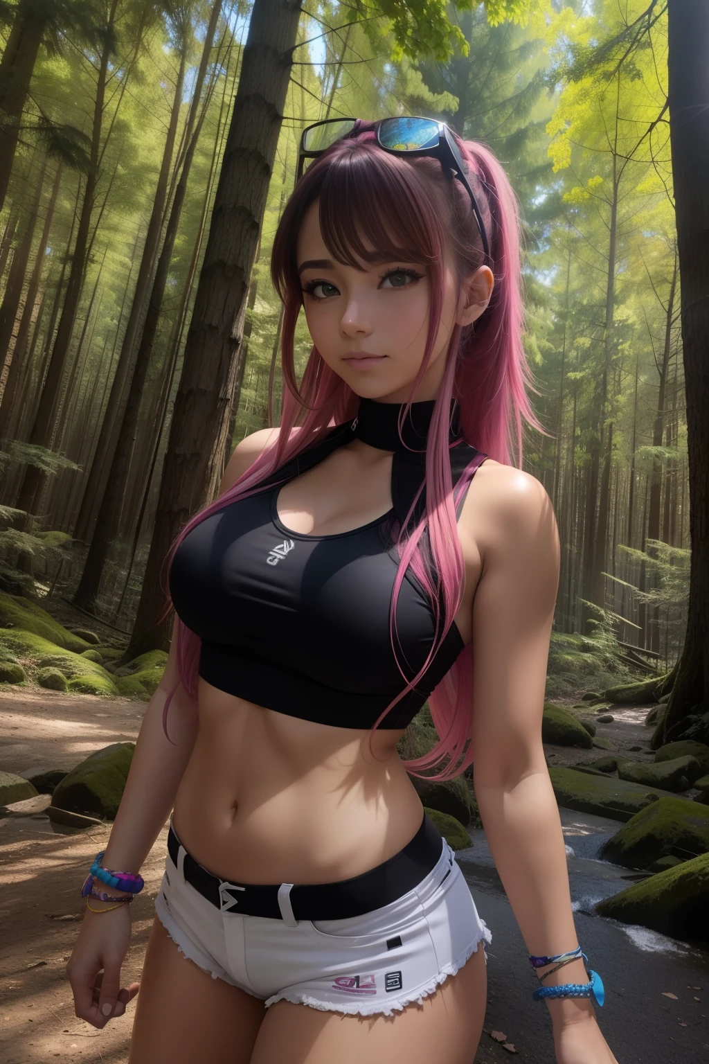 Anime style. In the middle of a large forest in North America a rave is celebrated. Es verano, hace calor, Es de noche y hay hogueras que dan buena luz a la imagen. Una mujer de gran belleza con un look alternativo y pseudo-hippie baila con los brazos abiertos en estado de euforia y trance. (La mejor calidad) (obra maestra)