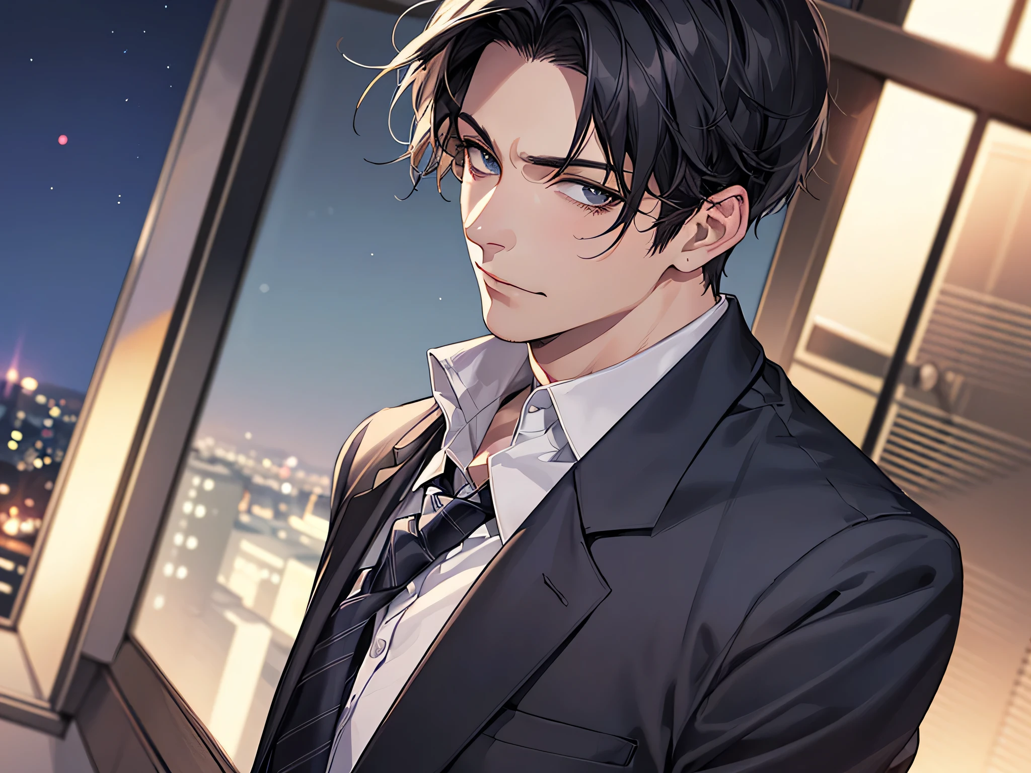 ビューアーにカベドン,((close up)),dramatic angle,masterpiece,(middle aged male),((おじさん)),((40-year-old)),しわ,upper body shot, business Suit,tie,1 guy, solo,Black top, short hair,looking at viewer,office,(night)