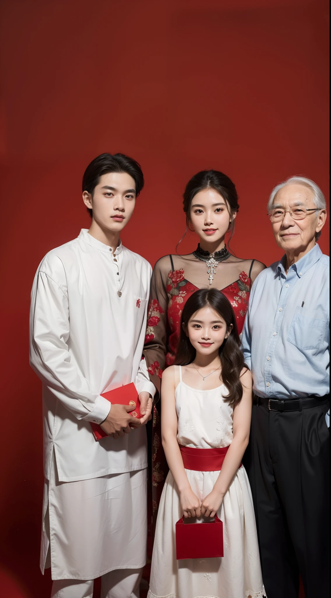 A 20-year-old fashionable beauty stands in the middle，Family smiling with their children holding gift bags，Grandma, grandpa, men, women, and children were all standing nearby.，gatherings，combines natural and man-made elements，Silver and red，Detailed still life painting，red background