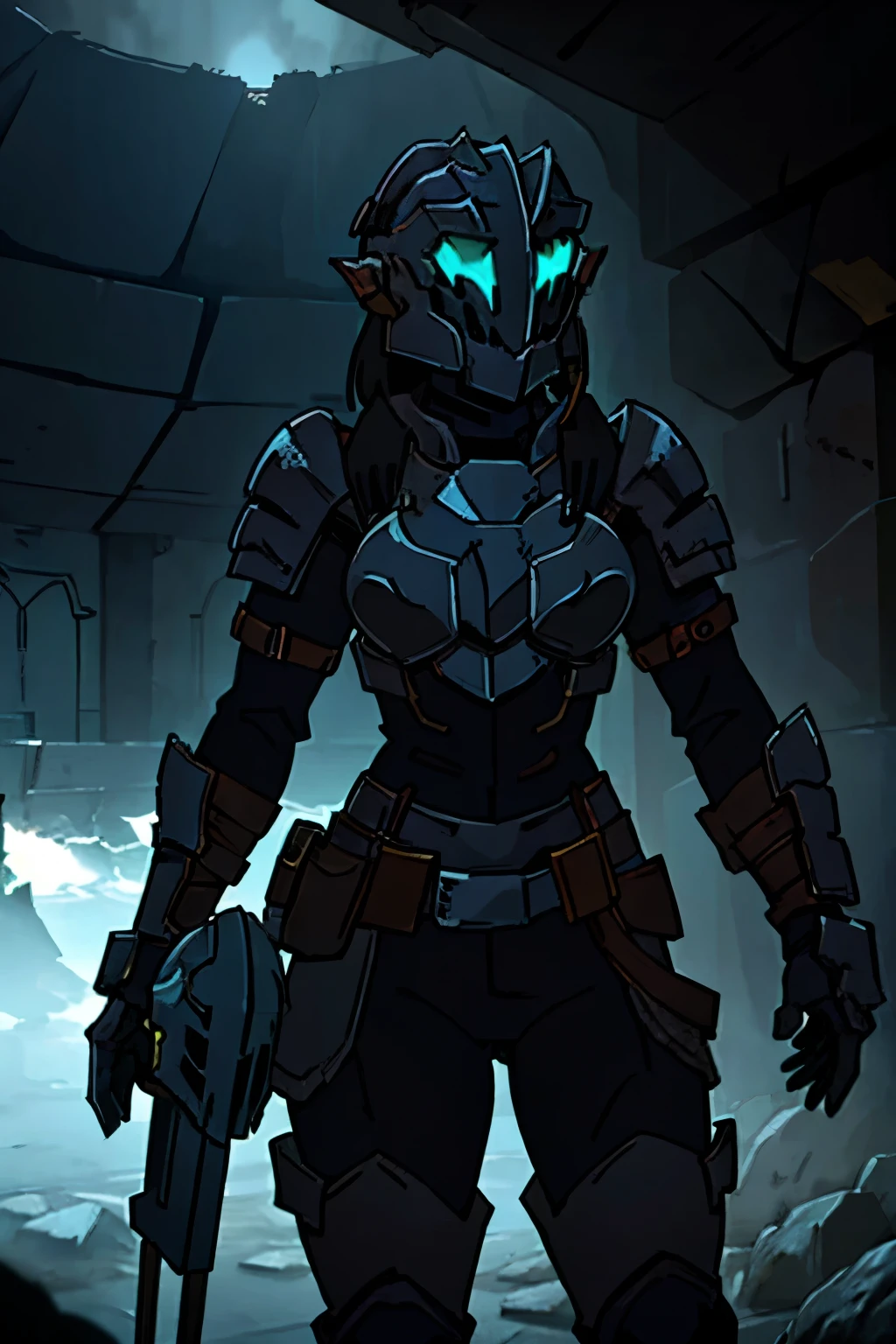 ((female)), (goblin slayer's helmet), (dead space), knight, gothic style, the chest armor looks like a tower battlements