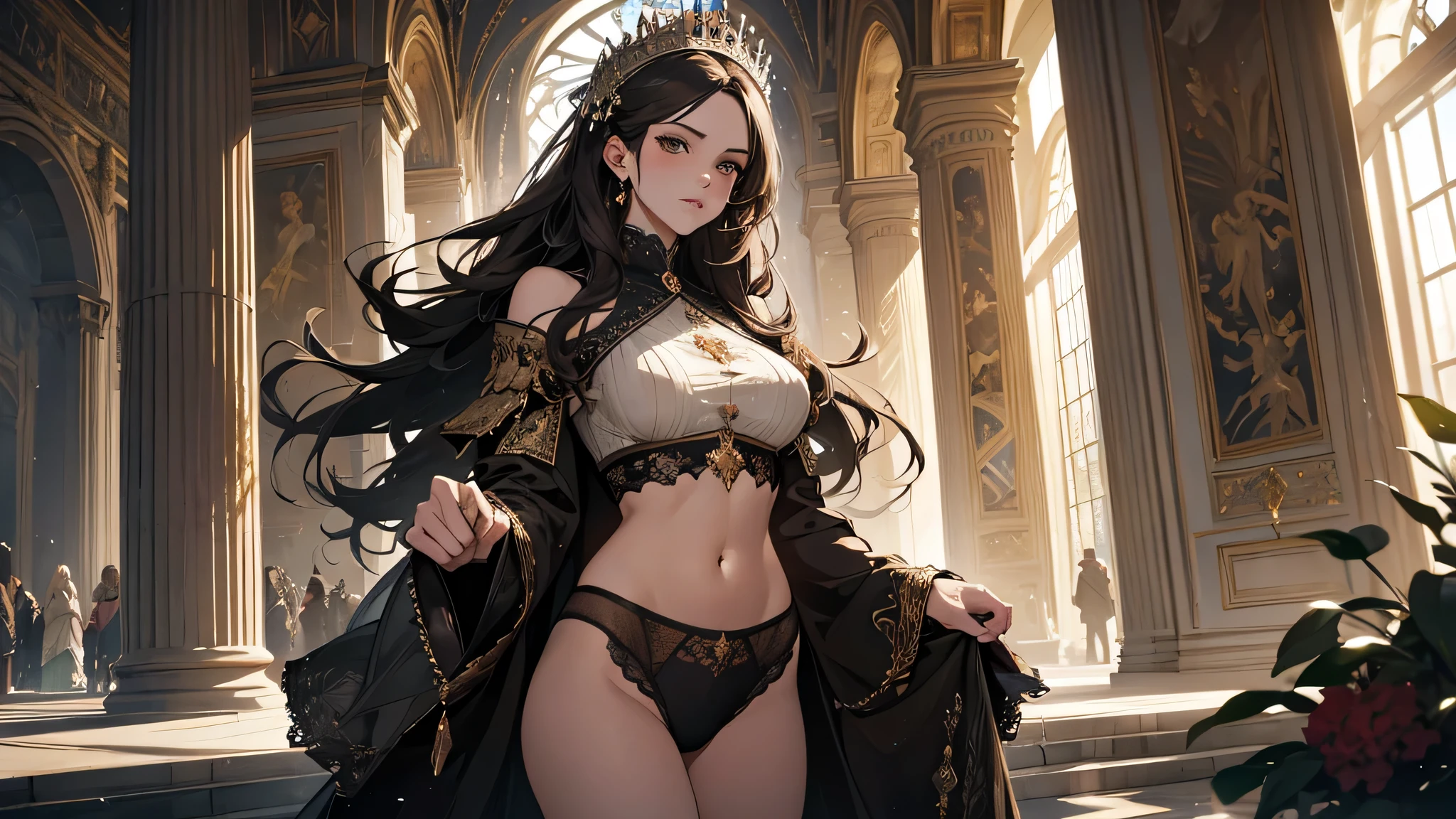 modelshoot style, (extremely detailed CG unity 8k wallpaper),full shot body photo of the most beautiful artwork in the world, stunningly beautiful photo realistic cute women intricately detailed costume,(Chateau de Versailles, Pisa Baptistery Of St. John background, Flowers,navel,crowd), professional majestic oil painting by Ed Blinkey, Atey Ghailan, Studio Ghibli, by Jeremy Mann, Greg Manchess, Antonio Moro, trending on ArtStation, trending on CGSociety, Intricate, High Detail, Sharp focus, dramatic, A person with the self-awareness of a Dominas won’t clench her fists and emphasise that while in her undergarment indefinitely. Besides, if she don’t change her clothes soon, she won’t be in time for the ceremony at the royal palace.