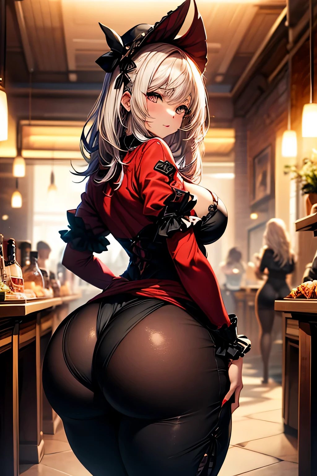 (huge ass) Beautiful adult woman wearing red and black frilly saloon girl costume, skinny, slim and thick, small waist, 8K, Karabet, brothel, UHD, (Booty that emphasizes curvaceous beauty)