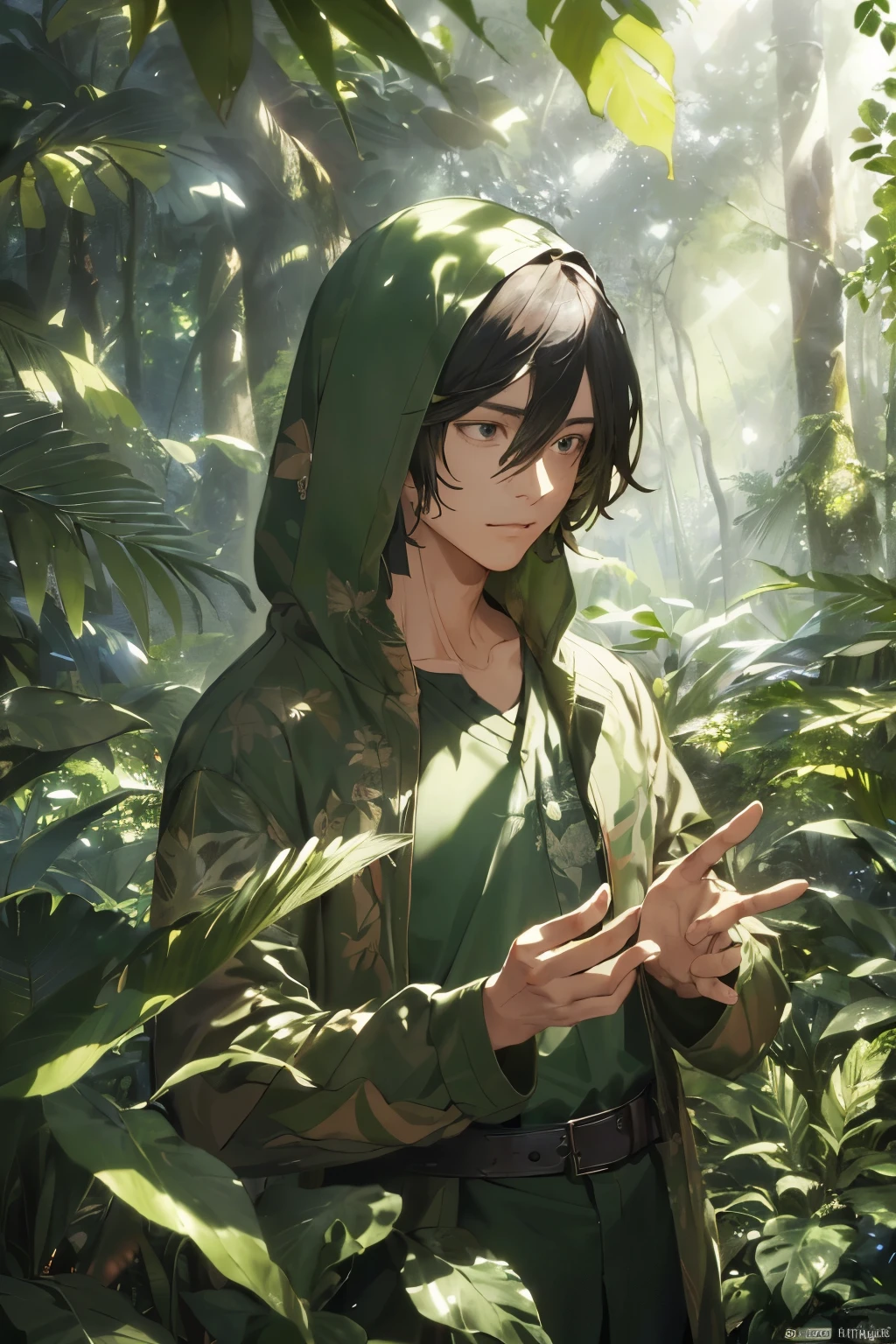 (onepeace, cloaked in realistic cinematic detail, ventures into the forest with a sense of tranquility,
(ultra-detailed backgrounds of lush greenery, intricately depicted tree trunks and leaves,
Complicated patterns of sunlight filtering through the foliage,
Best quality lighting casting long, detailed shadows,
His expressions, full of curiosity and wonder, masterfully rendered,
His attire, blending seamlessly with the forest surroundings,
A subtle peace sign emblem on his chest, adding a touch of identity,
Birds chirping in the background, adding depth and life to the scene,
A gentle breeze rustling the leaves,