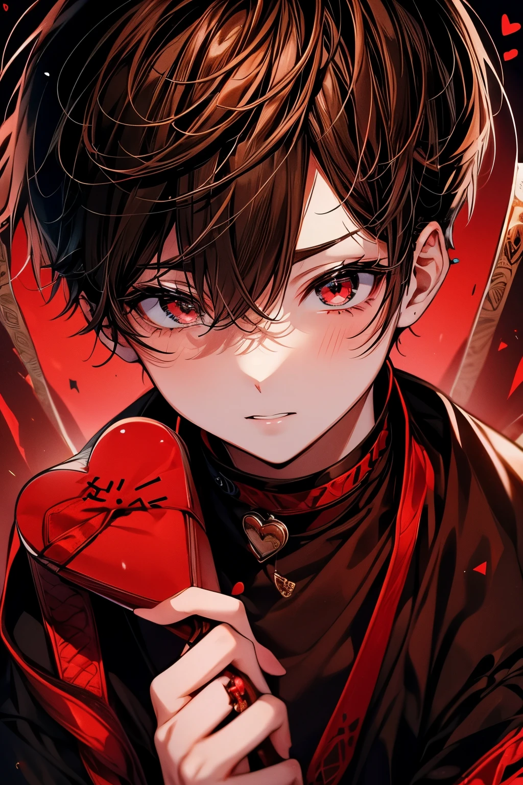(muste piece), (best quality), very detailed, ((1 boy)), solo focus,perfect face, beautiful face, very detailed顔,(brown haired boy:1.3),(red eyes:1.3),chocolate,Valentine,ribbon,heart,Light,smile,long eyelashes,頬にheartマーク,heartのプレゼント箱