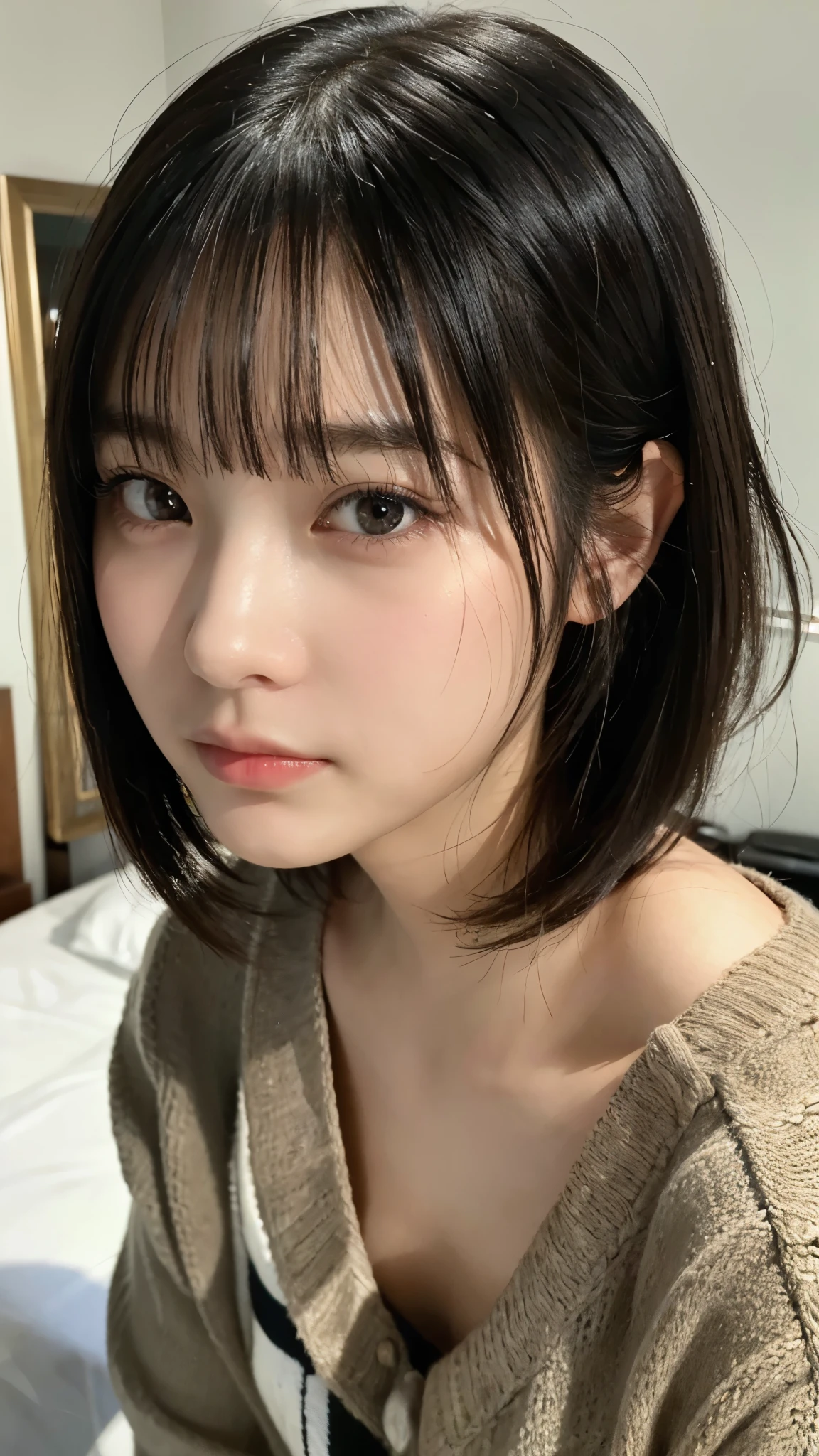 (highest quality,masterpiece:1.3,ultra high resolution),(Super detailed,caustics,8k),(photorealistic:1.4,RAW shooting),(A girl with a sullen expression and puffed out cheeks),Bedroom,sit on the bed,18-year-old,Japanese,cute,black short hair,Moist eyes,upward glance,sweater,big ,face focus,Face close-up,bust up shot,High Position,high angle,Natural light