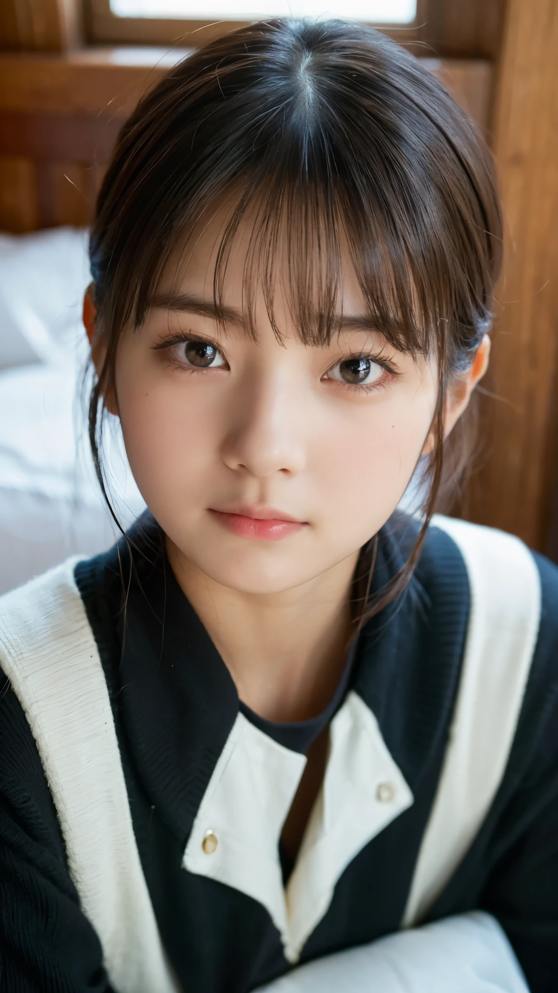 (highest quality,masterpiece:1.3,ultra high resolution),(Super detailed,caustics,8k),(photorealistic:1.4,RAW shooting),(A girl with a sullen expression and puffed out cheeks),Bedroom,sit on the bed,(face forward),18-year-old,Japanese,cute,black short hair,Moist eyes,upward glance,look up at the camera,sweater,big ,(face focus),Face close-up,bust up shot,(High Position),(high angle),Natural light