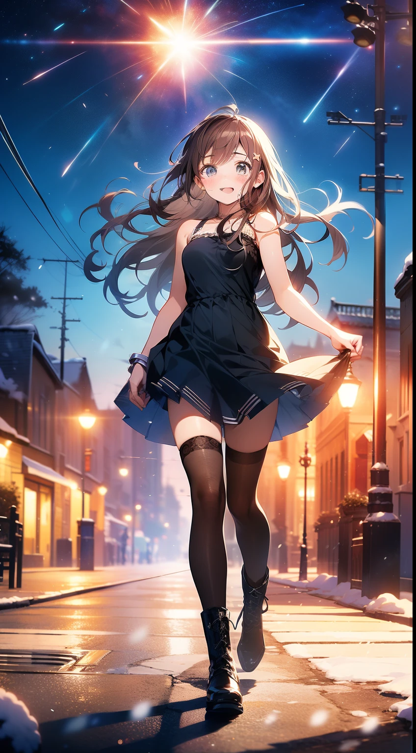 ((masterpiece, best quality, high resolution, ultra high definition, Pixel perfect, wide angle, 4K, RTX, human development report))), 1girl in, single, alone, Beauty、see whole body、 (( Reddish-brown hair , very long hair , Short Liuhai )), ((blue eyes, beautiful eyelashes, realistic eyes)), ((Detailed face, blush:1.2)), ((smooth texture:0.75, lifelike质感:0.65, lifelike:1.1, Anime CG style)), medium breasts, Perfect body, ((low cut dress, bare shoulders ,Black tights ,Black boots)), Smile, Hands holding skirt ,Go up from the slope, (The wind blows the long hair，bare shoulders、Black tights、Black boots) , It snows at night