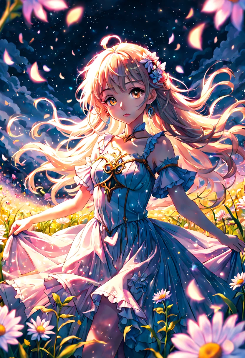 1girl, Digital illustration, Magical Girl in a Surreal Landscape, vibrant anime and fantasy art styles inspired by CLAMP and P.A. Works, the magical girl (hovers above a field of flowers, her flowing dress and long hair illuminated by a soft glow as sparkling petals swirl around her), shot on a high resolution digital camera with a 35mm lens from a three-quarter front view, rendered in crisp detail with atmospheric lighting effects, (masterpiece), (best quality), (ultra-detailed), illustration, disheveled hair, perfect composition, moist skin, intricate details, earrings