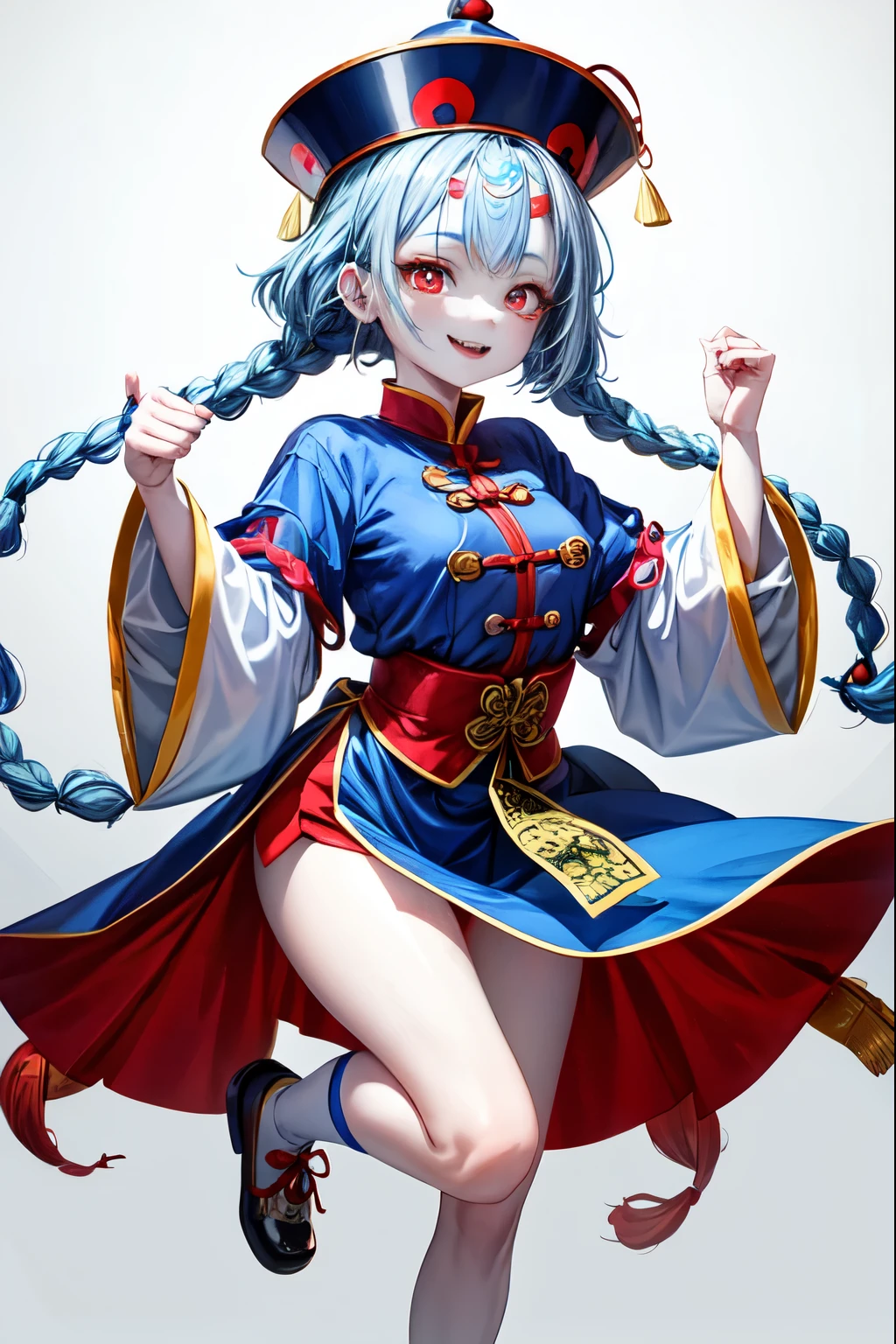 A jiangshi girl dances with a smile and a hop. She has pale skin and red eyes. She wears a blue and white qipao with a yellow talisman on her forehead. She has two long braids that bounce with her movements. She is inside a white lighting box with a gray background.