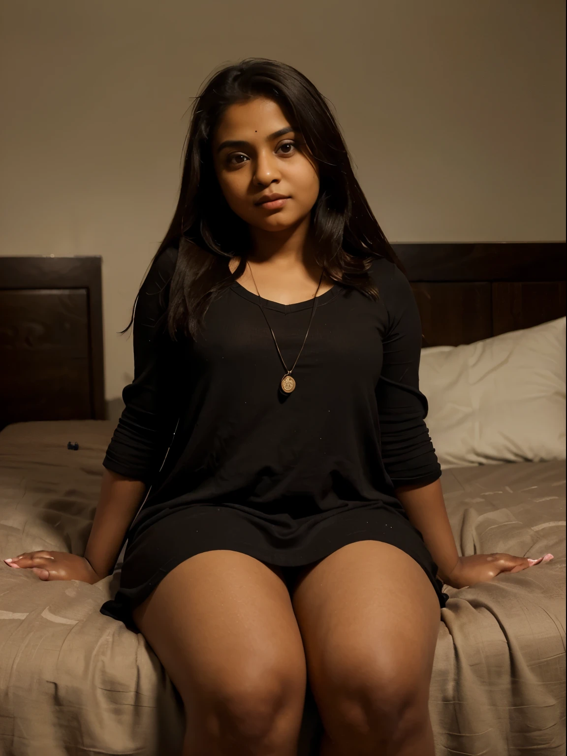 , female, Indian, light brown skin, curly long black hair, dense black pubic hair, big expressive eyes, light brown pupil, smiling at the viewer, slightly chubby body, nude, sitting on the bed, legs spread 