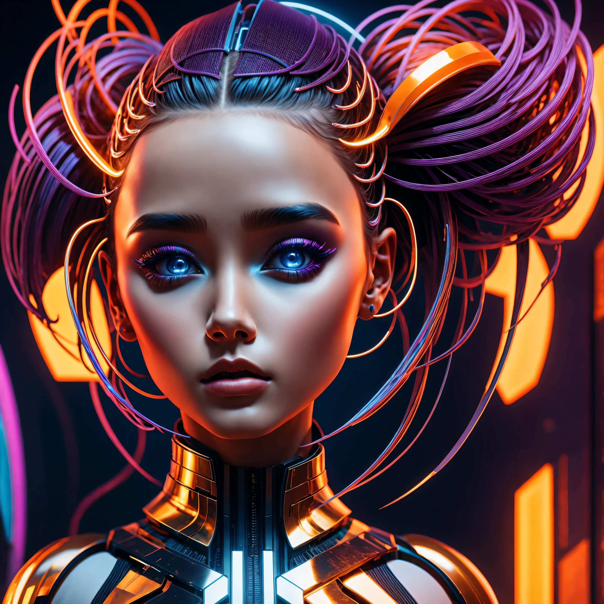 futuristic art girl, (best quality, high resolution, human development report), detailed facial features, intricate hairstyle, Metallic, Shiny surface, dynamic poses, bright colors, Surreal lighting, abstract perspective, (cyberpunk, concept art)