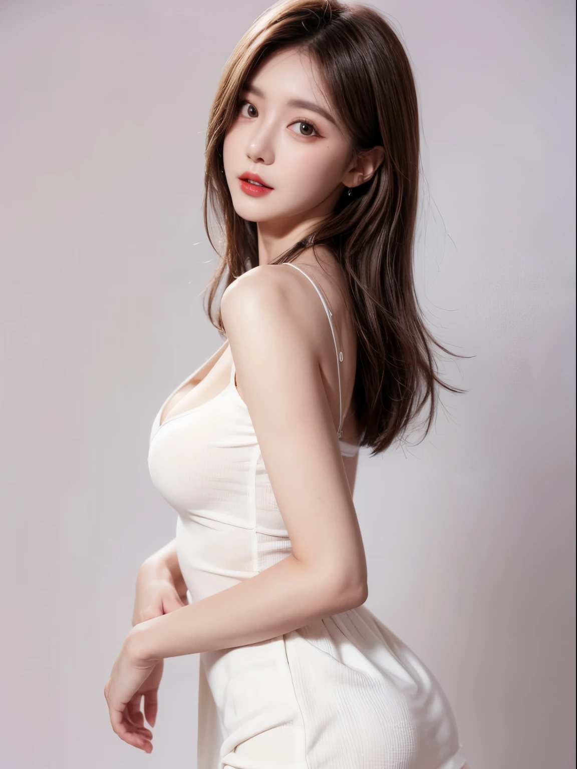 A slender woman, red glossy lips,(beautiful face), (best quality), (Super detailed), (Extremely detailed CG unified 8k wallpaper), Model photo, (standing), (pure white background),(cleavage),(big eyes),(average light source),(Short skirt),(small breasts),upright