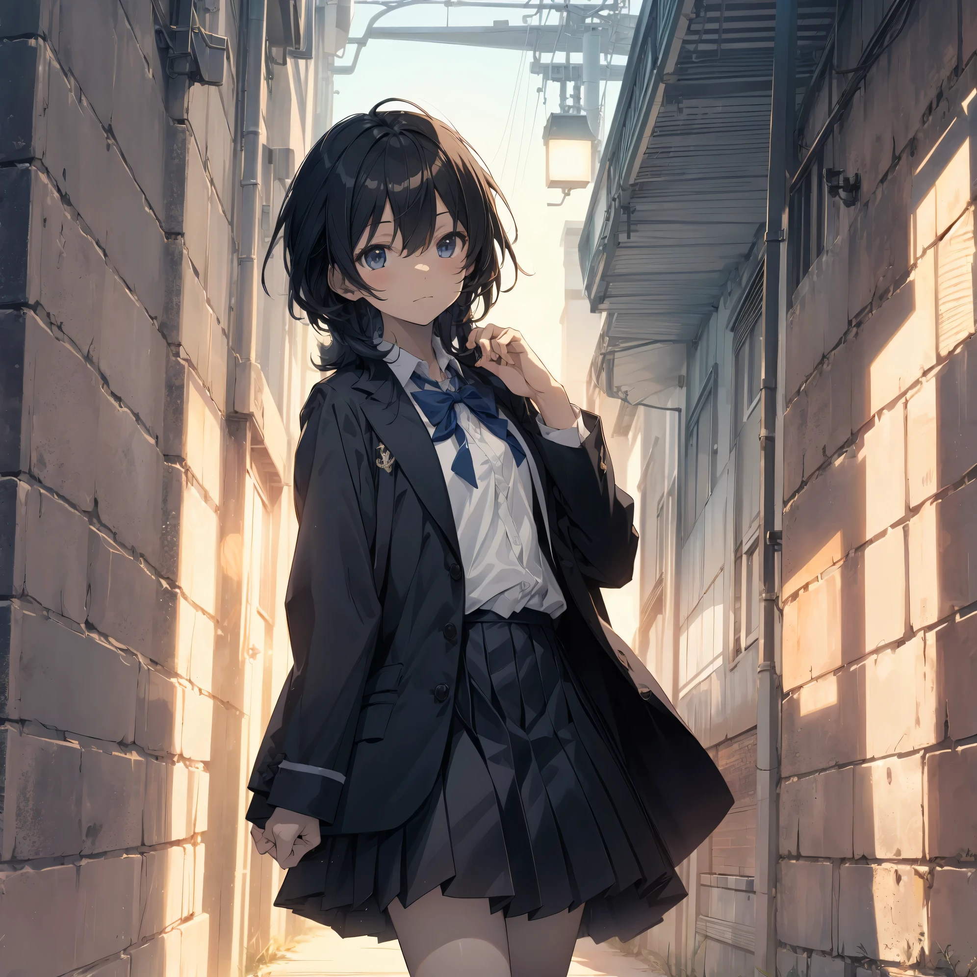 Super high quality by the art god, super detailed, High resolution, Shinkai Makoto style, anime moe art style, best anime 8K konachan wallpaper, pixiv contest winner, perfect anatomy, break,(眠そうにalone学校へ行く女の子を描いてください. ),break, surreal high school girl, (alone,lolita, , :1.3),All limbs, full finger,, androgynous charm, (very short hair), messy hair, flat chest, small ass, between legs, Small black eyes, beautiful and fine eyes, Well-proportioned iris and pupils, disgusted eyes, High resolutionの詳細な髪, wearing school uniform, (skirt), On the way to school. break,super dense skin, Best lighting by famous artists, 8K, figure,UHD, rough skin