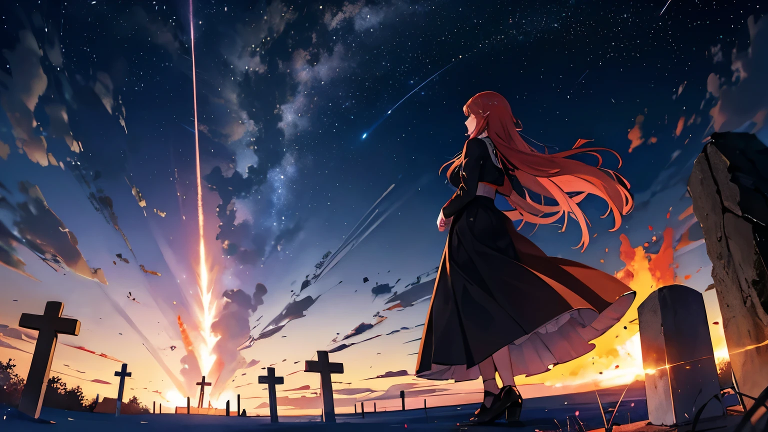 A scene of a flaming rocket taking off into the beautiful night sky, and an adult woman with long hair and long skirt in mourning clothes looking sadly at the sky in front of a grave marker.