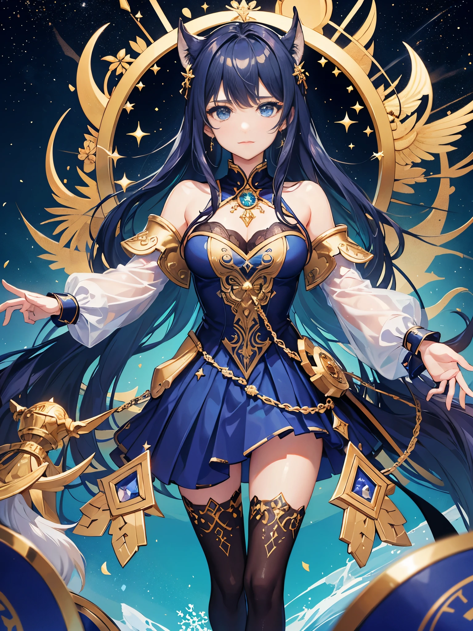 ( high quality , Super detailed, careful with hand )Twelve Zodiac Signs - Sagittarius Goddess , similar to latin goodness . optimistic, just, Interesting and intellectual face . reckless, cold-hearted, impatient, overconfident style . dark blue eyes (Eye details) , Dark blue hair with bling bling , transparent dress , in the ocean of stars , whole body , fire make up look , god Chiron