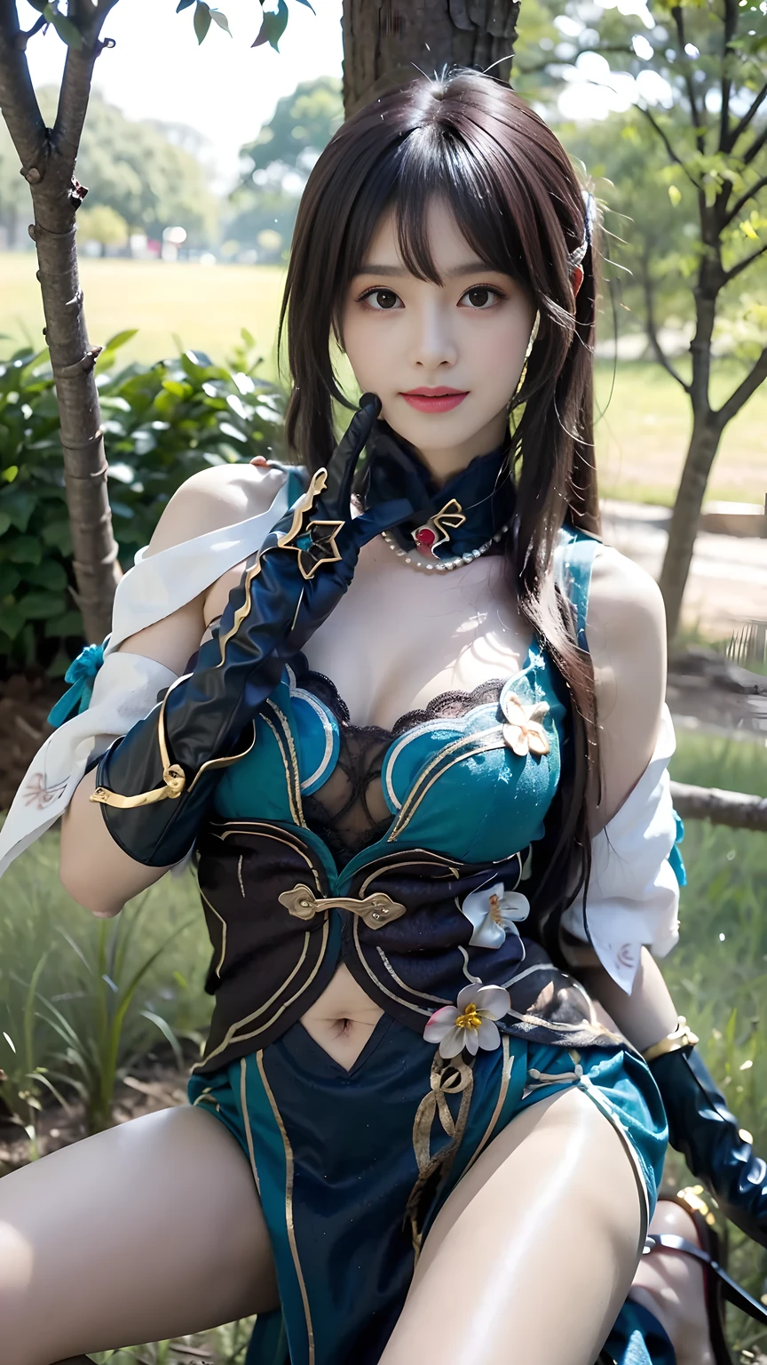 best quality, natural lighting, masterpiece, 1 girl, perfect beautiful face, (photo photo:1.3), edge lighting, photography lighting, (high detail skin:1.2), 8k ultra hd, DSLR, high quality, high resolution, white skin, detailed textured skin, 3/4 body in frame, sexy posing, cute smile face, close-lip, perfect propotion face, symetric face, eye level shot, 4k, 8k, bokeh, absurd, best ratio four fingers and one thumb, (realistic:1.3), beautiful detailed girl, cute 1girl, dark purple hair, long hair, bangs, volume hairs, collosal-breast, full looking breast, projecting breast, slim waist, slender, small thighs, perfectly proportion, outdoor background, detailed background, trees, clouds, RUANMEI COSPLAY COSTUME, CHINA DRESS, CHINESE CLOTHES, COSPLAY, RUANMEI, DRESS, GLOVES, ELBOW GLOVES, HAIR ORNAMENT, JEWELRY, HIGH HEELS