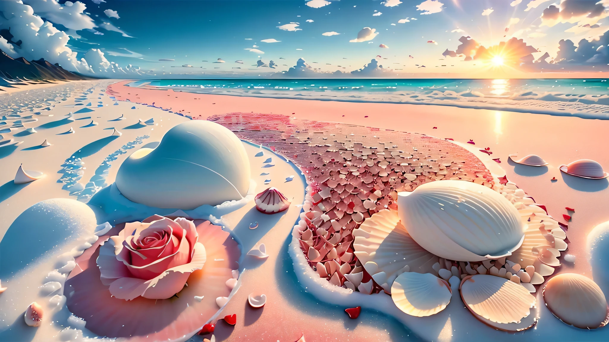 delicate scene,depth of field, 8k, The ivory sky,Baiyun,The sun shines on the snow-white sand. The coral sea,There are many colorful rose shells on the beach,Red rose, heart shaped rose focus,