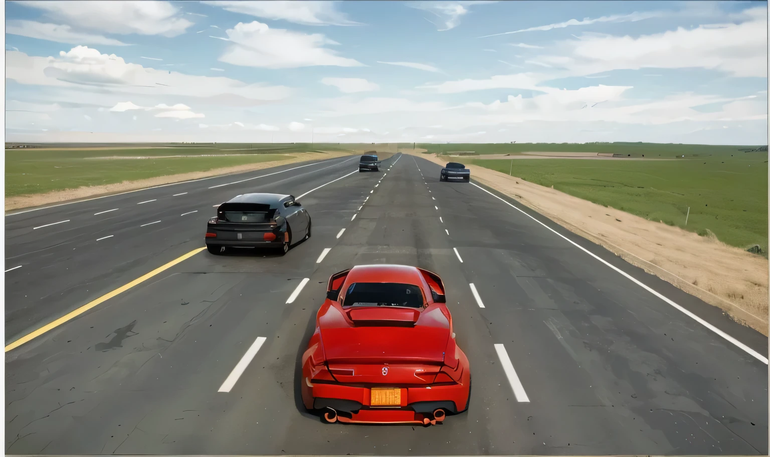 Several cars driving on a brand new asphalt road，There is a vast grassland on the roadside，Mountains and woods can be seen in the distance