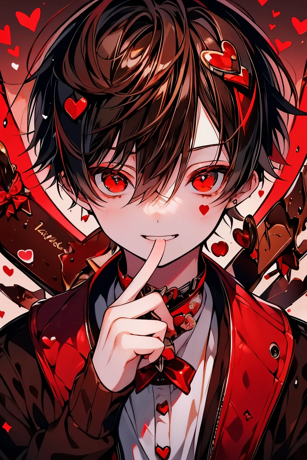 (muste piece), (best quality), very detailed, ((1 boy)), solo upper body focus，perfect face, beautiful face, very detailed顔，(brown haired boy:1.3)，(red eyes:1.3)，chocolate，Valentine，ribbon，heart，Light，smile，long eyelashes，頬にheartマーク，溶けたchocolate，