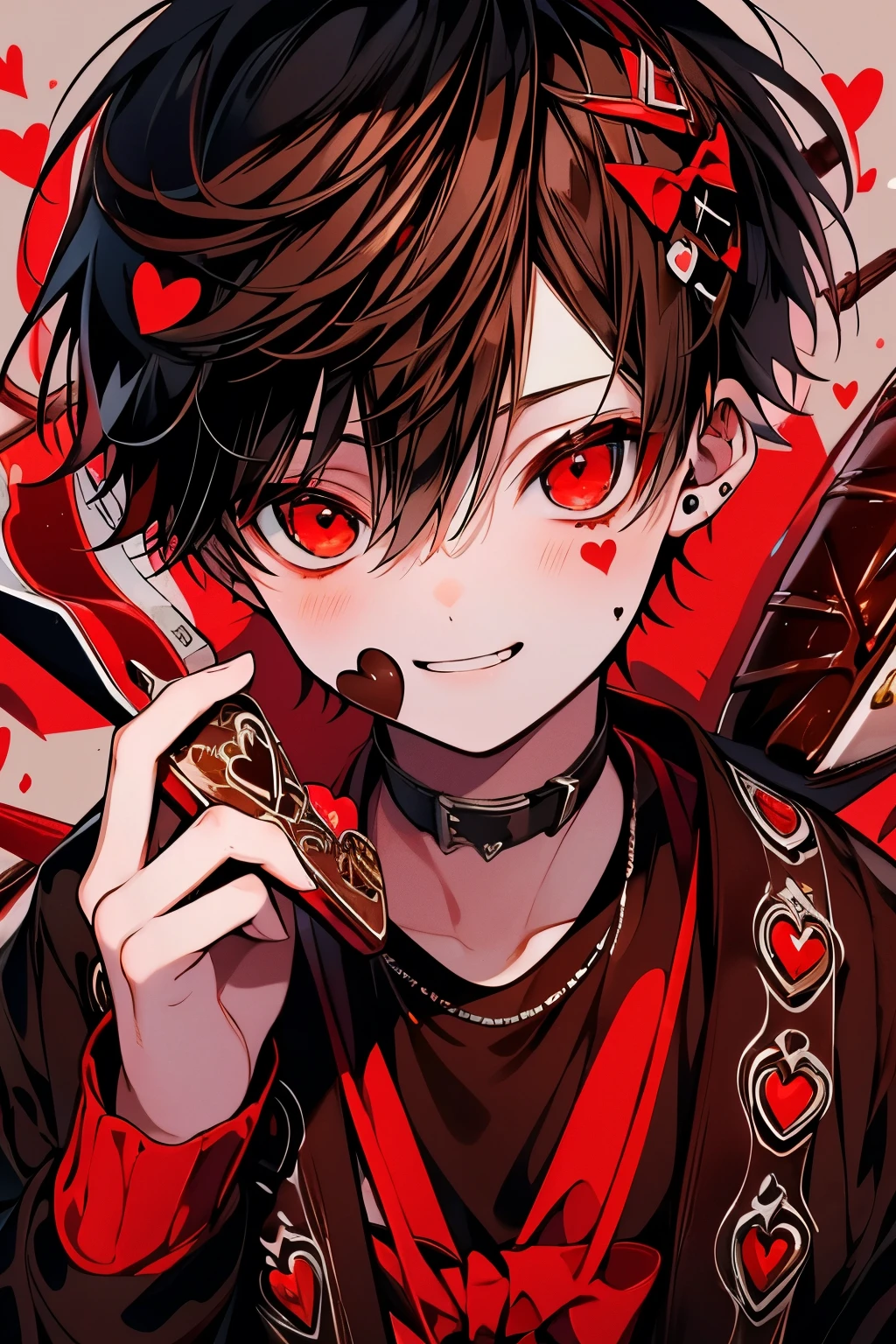 (muste piece), (best quality), very detailed, ((1 boy)), solo upper body focus,perfect face, beautiful face, very detailed顔,(brown haired boy:1.3),(red eyes:1.3),chocolate,Valentine,ribbon,heart,Light,smile,long eyelashes,頬にheartマーク,溶けたchocolate,Eat chocolate