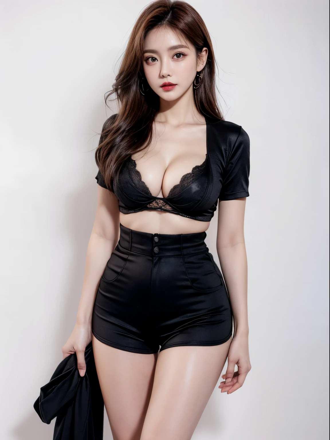 A slender woman, red glossy lips,(beautiful face), (best quality), (Super detailed), (Extremely detailed CG unified 8k wallpaper),(black clothes), Model photo, (standing), (pure white background),Show forehead,(cleavage),(big eyes),(average light source),black shorts,(small breasts)